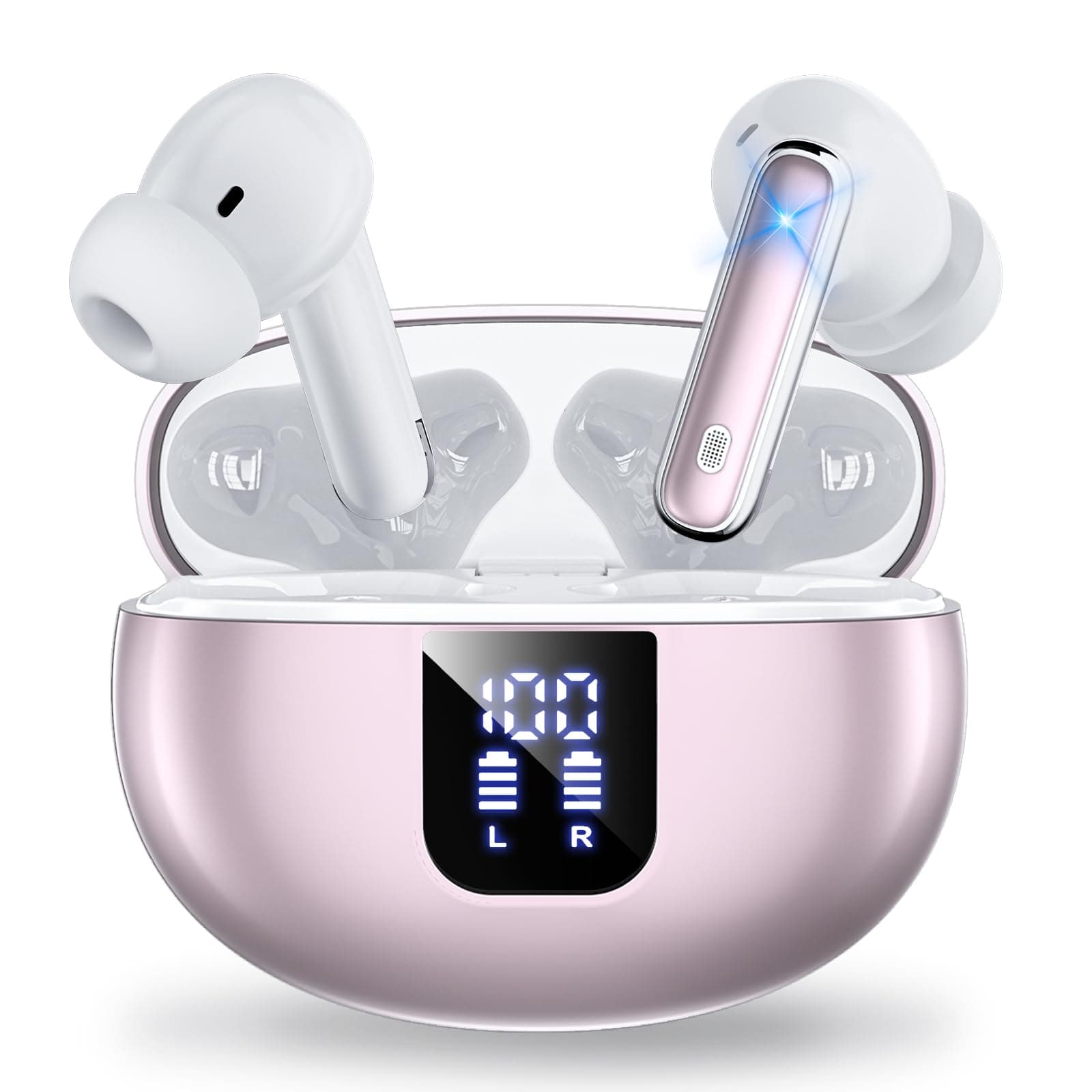 Auriculares Bluetooth intrauditivos, Auriculares inalámbricos ANC Bluetooth 5.4, 36H Tiempo de reproducción Pantalla LED, Modo Transparencia Cascos Sonido estéreo con Graves Profundos(Oro Rosa)