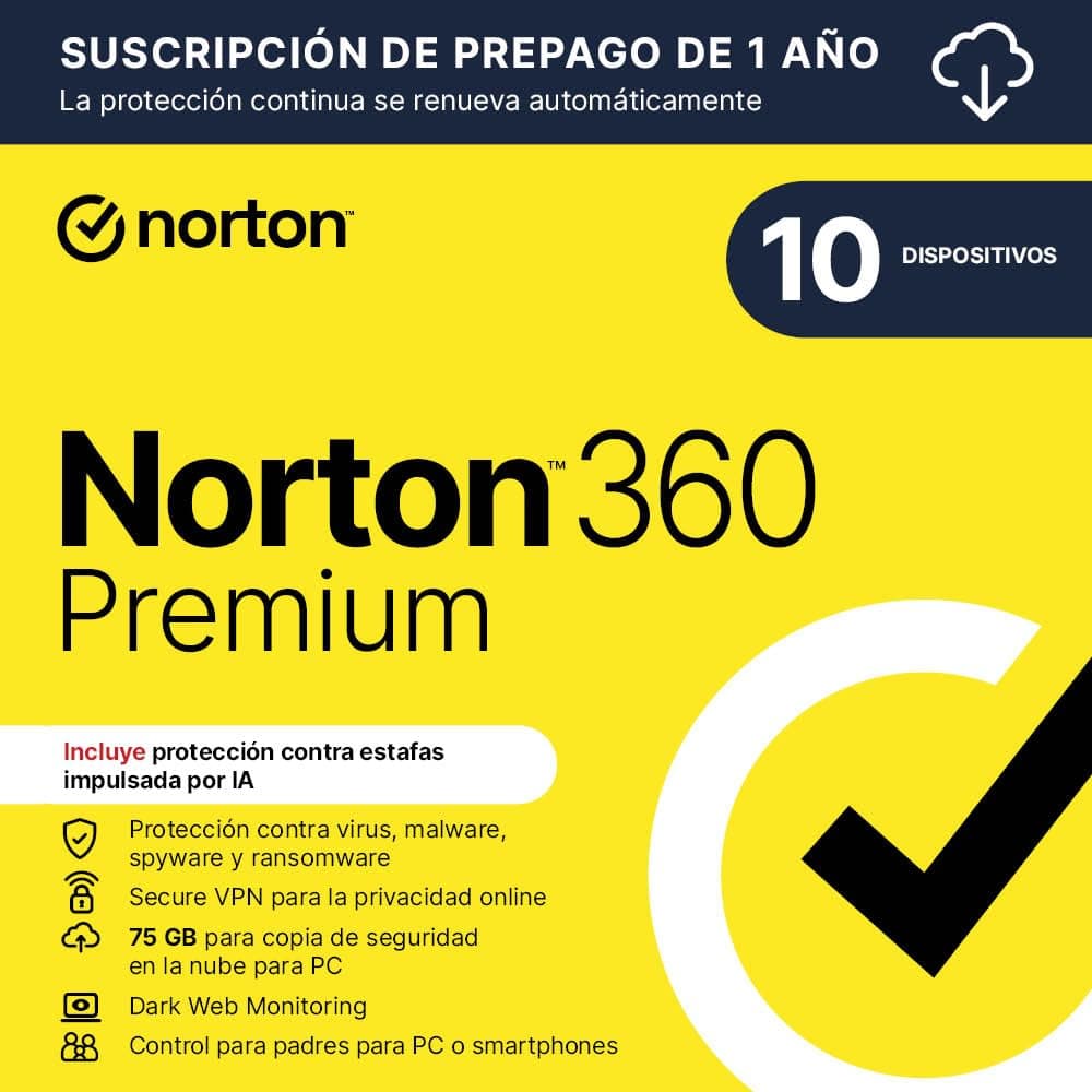Norton 360 Premium 2026| Antivírus 10 Dispositivos|1 año con renovación automática| Descarga digital