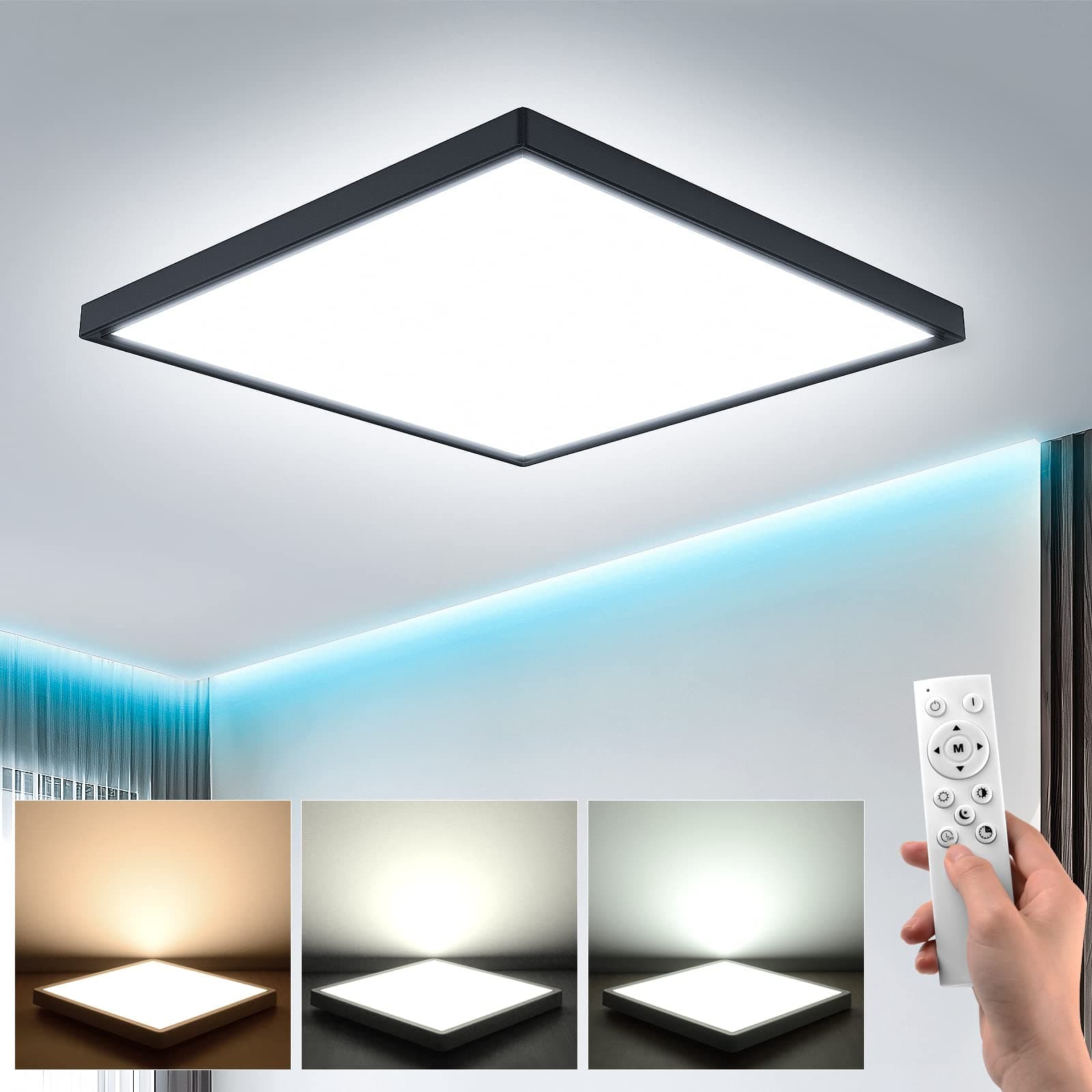 EASY EAGLE Plafon LED Regulable 36W con Mando a Distáncia 36W Lámparas Techo Infantil 3000K-6500K 3240LM IP44 Modernos Cuadrado Panel Luz para Salón Dormitorio Cocina Baño Ø30cm Negro
