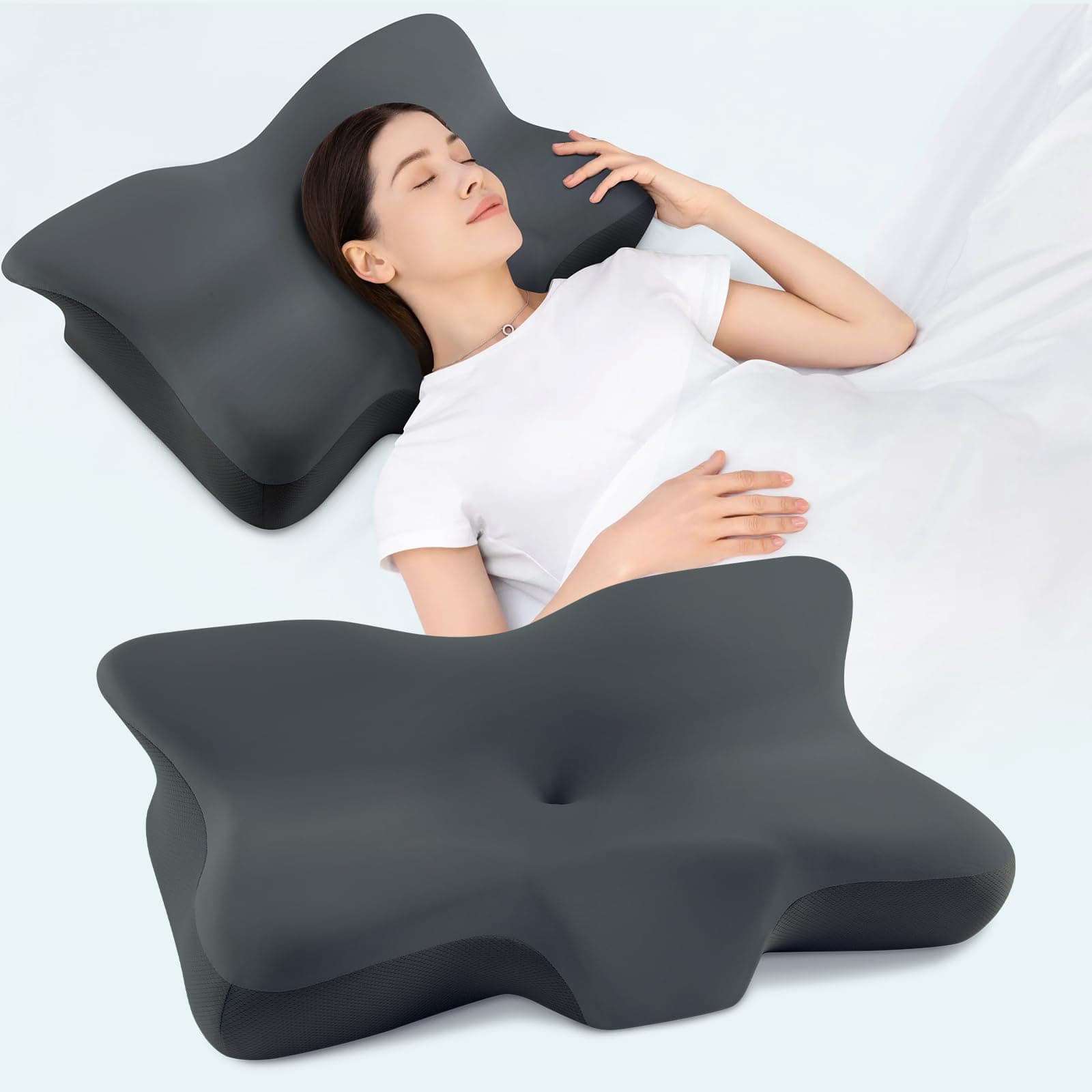 Silkena Oreiller Ergonomique Cervical,Oreiller Cervical pour Dormir,Oreiller en Mousse Mémoire Respirant,Adapté pour Ceux Qui Dorment sur Le Côté,sur Le Dos ou sur Le Ventre(Gris foncé)
