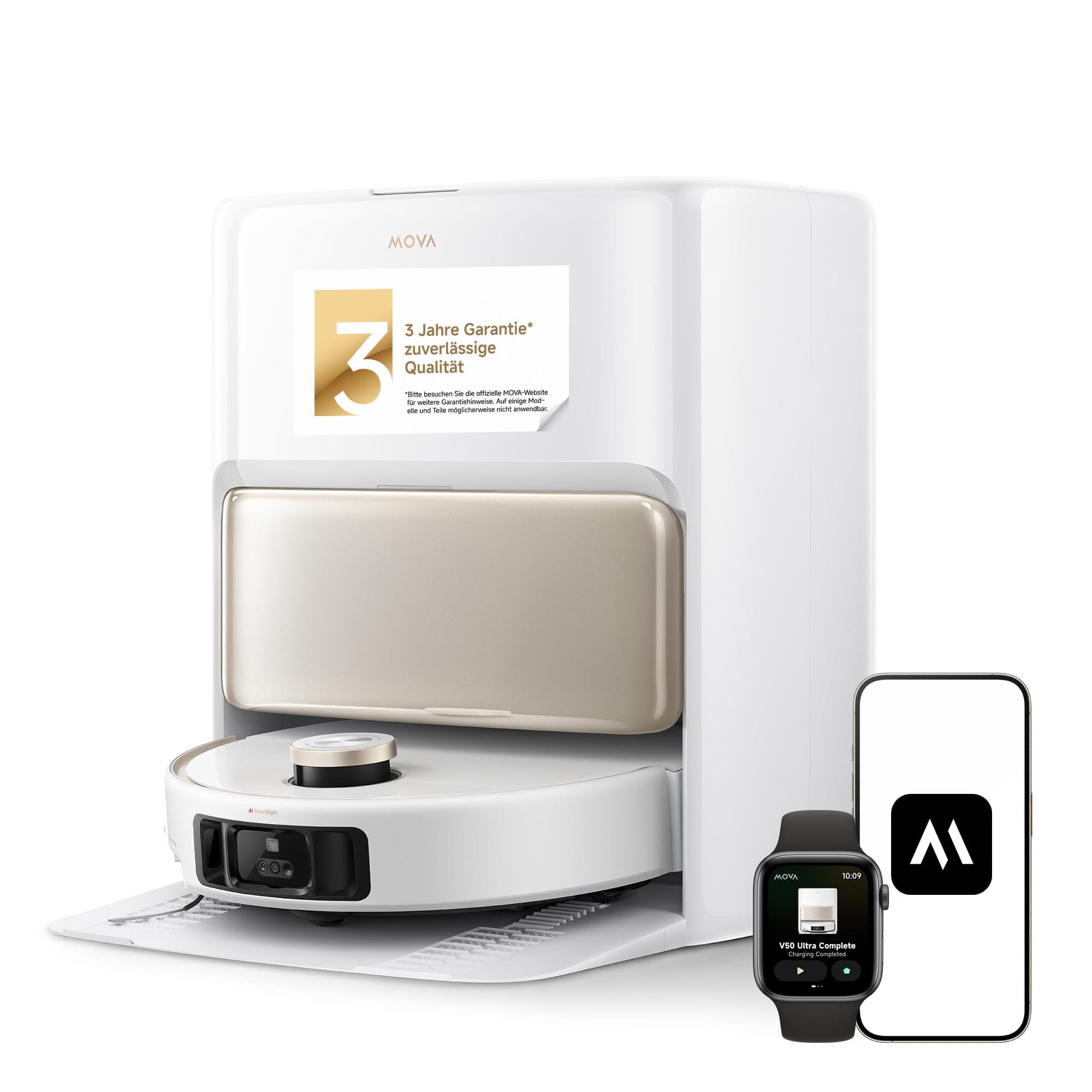 Mova V50 Ultra Complete Saugroboter mit Wischfunktion 24.000 Pa, 6cm Hindernisüberwindung, Liftable Navigation+RGB AI+LED, 80℃ Heißwasserwäsche & 63℃ Selbsttrocknung, DuoSolution System, Tricut Bürste