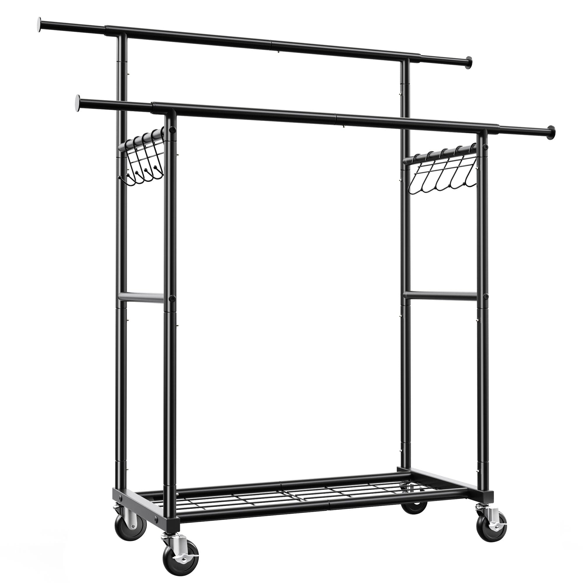 HOKEEPER Tringle à vêtements robuste - 204 kg - Avec roulettes - Double tige - Pour suspendre les vêtements - Portable avec étagères - Noir