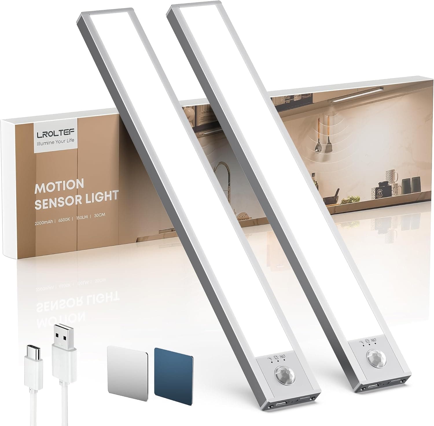 LROLTEF Luz Led Armario Cocina con Sensor de Movimiento Interior 30CM 2200mAh 6500K 48 LED Lampara Luces Mueble Recargable sin Cables Inteligente Lamp Nocturna para Gabinete Escalera Pasillo 2 Piezas