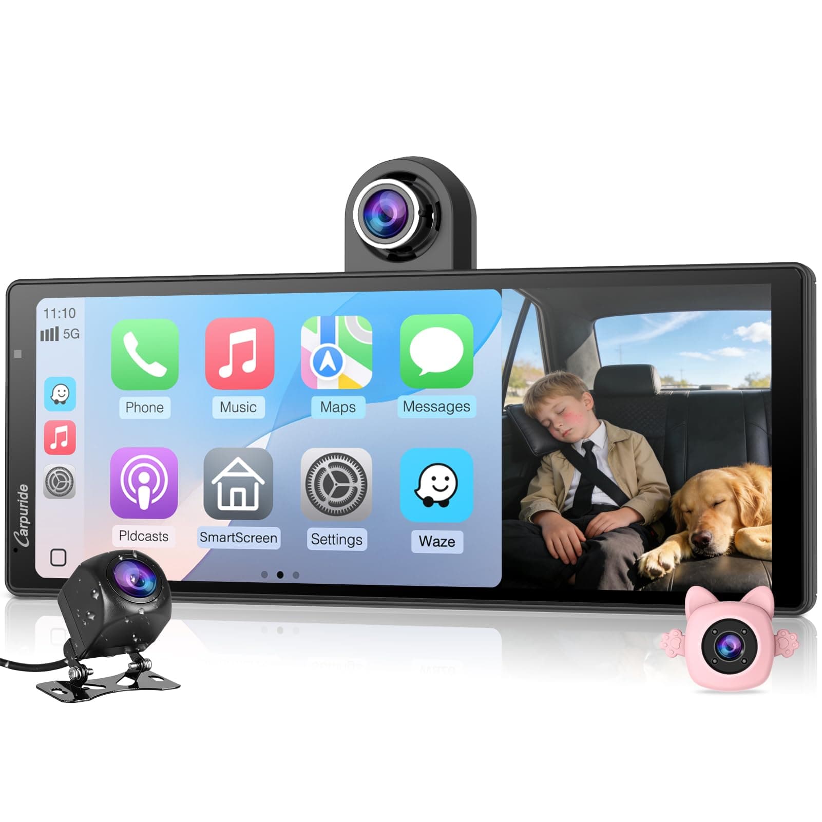 CARPURIDE W903S3 Pantalla HD de 9,3 Pulgadas con CarPlay y Android Auto, Frontal 4K + Trasera 1080p por Cable + cámara infrarroja, grabación en Bucle, GPS, FM, Bluetooth, Super Link