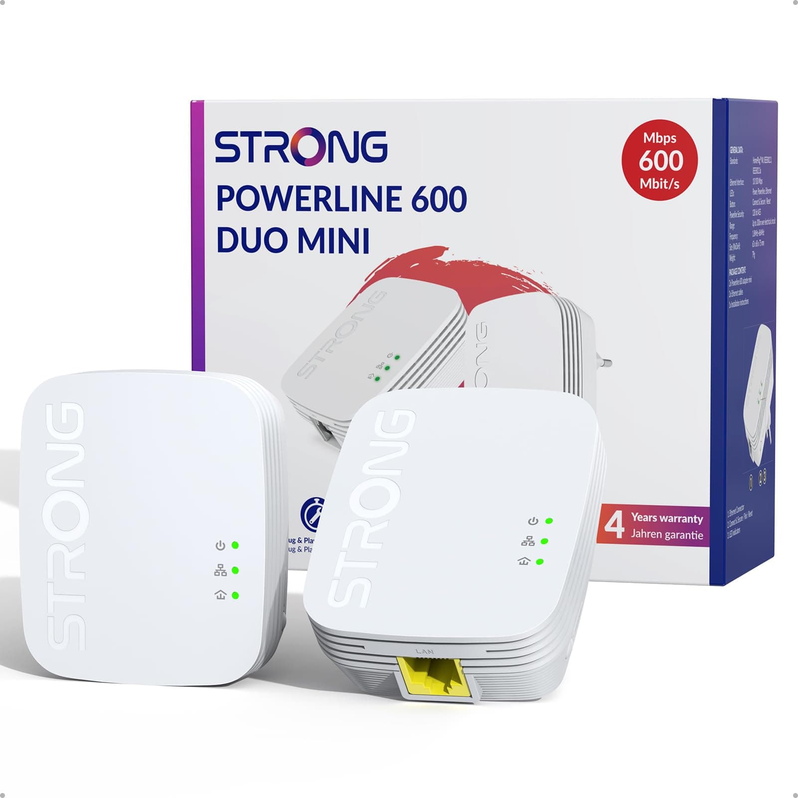 STRONG AV600Mbit/s Powerline Adapter Set, HomePlug AV2 Powerline Internet Erweiterung, Plug & Play, Ein Knopf Sicherheit, Energiesparmodus, 100Mbps LAN Ports, ideal für TV, PC, Gaming Konsole (PL600M)