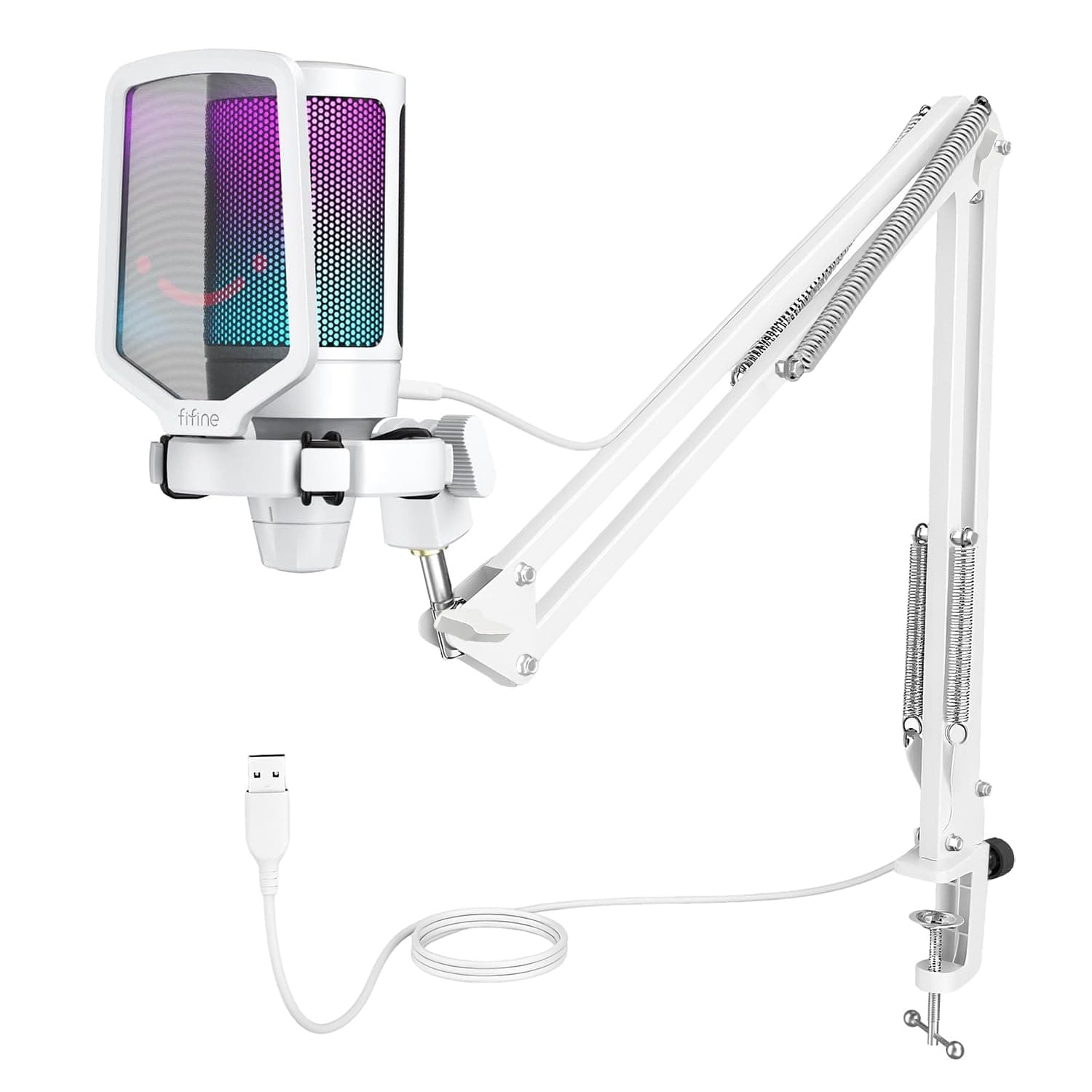 FIFINE USB Microphone Gaming kit, RGB Condensateur Microphone pour Ordinateur PC PS5, avec Bouton de Silence, Fixation Antichoc, Support Micro, Filtre Anti-Pop, pour Streaming Discord Podcasts