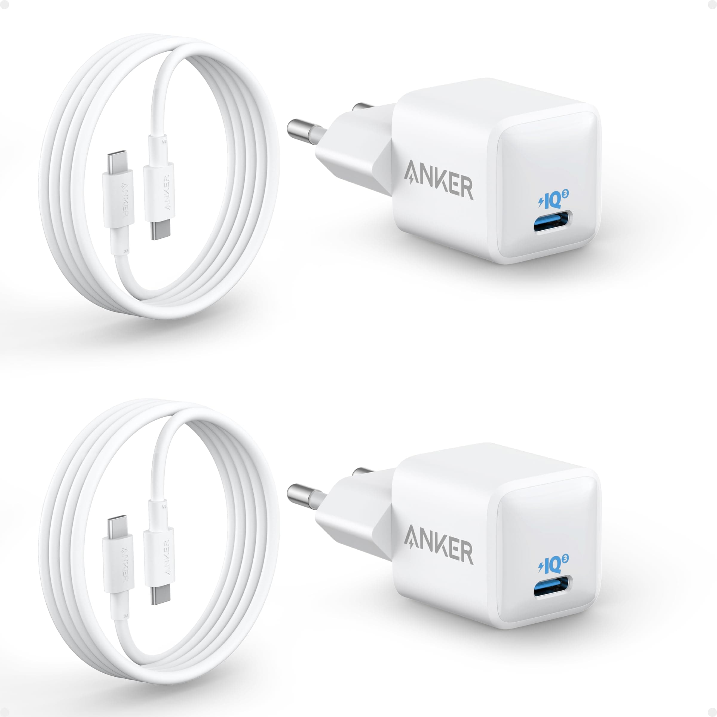 Anker Nano 20W USB C Ladegerät, PIQ 3.0 kompaktes Schnellladegeräte + 2 180cm USB C Kabel, iPad Ladegerät für iPhone 16/15/iPad Pro (Doppelset, 2X Netzteil & 2 Kabel)