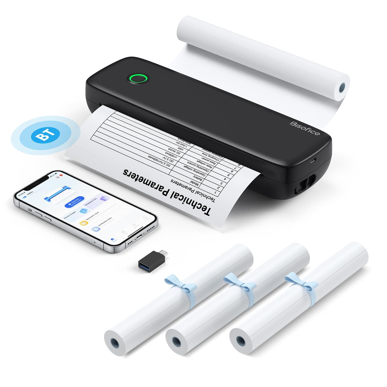 Bisofice L81 Stampante Termica Portatile A4, Stampante Bluetooth Senza Inchiostro per Cellulare e Computer, Supporta Carta Multisize, per Ufficio Viaggi, Studio, Casa, Dotato 3 Rotoli Carta, Nero