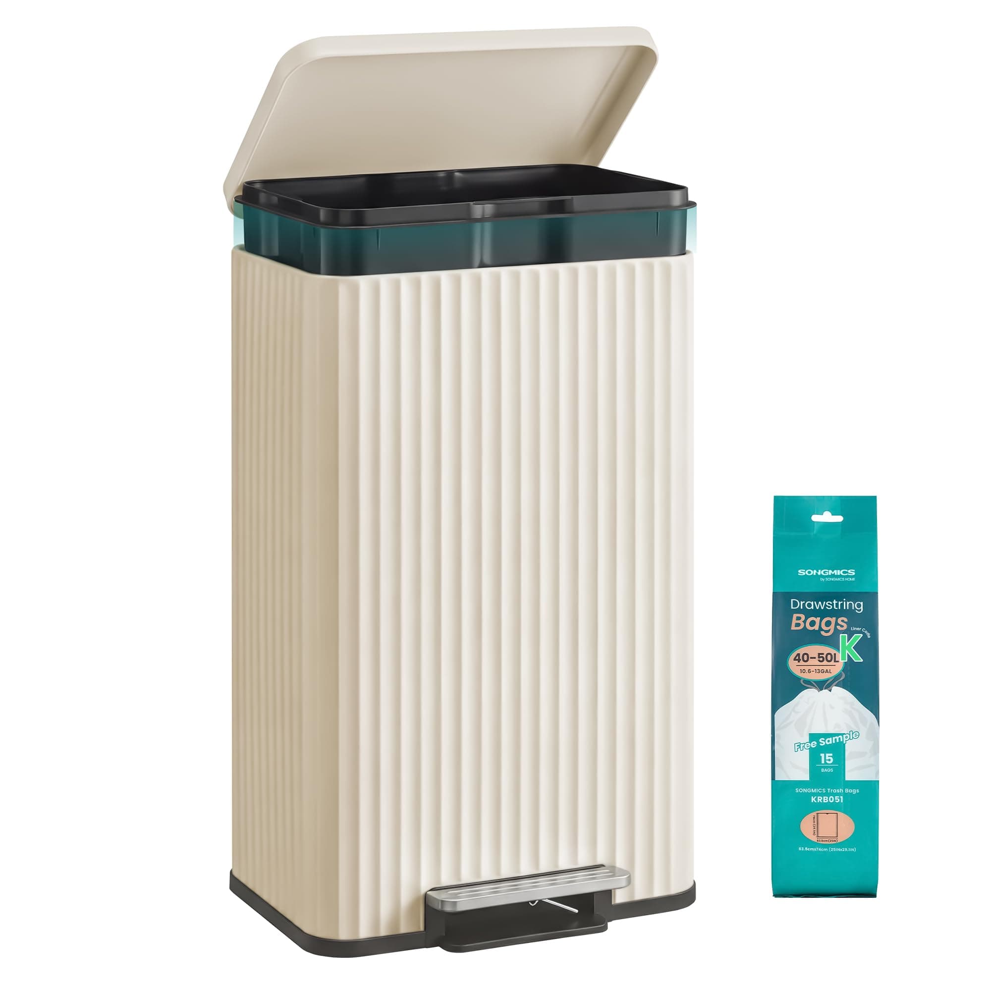 SONGMICS Poubelle de Cuisine, 50 L, avec Pédale, Couvercle à Fermeture Douce, Seau Intérieur Amovible, en Acier, 15 Sacs Poubelle (Code K) Inclus, Blanc Crème LTB586LZ02