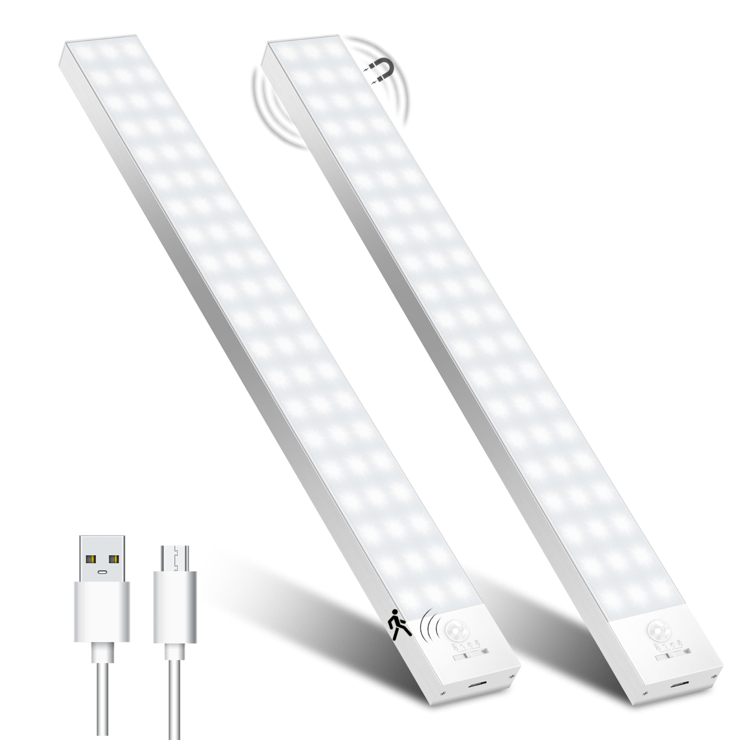 OUILA Led Armadio con sensore di movimento 4 Modalità, Sottopensile Luce Notturna USB Ricaricabile, Striscia Led per Cucina (Luce Bianco-5000K, 32cm*2 Pezzi)