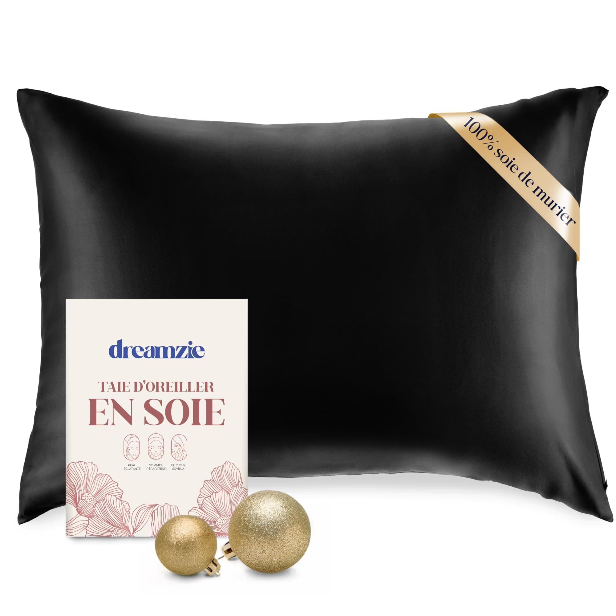 DREAMZIE Taie d Oreiller en Soie - 100% Soie Naturelle de mûrier - pour Les Cheveux et la Peau - 19 mm de Soie des Deux côtés - 1 unité - Noir - 50x75 cm