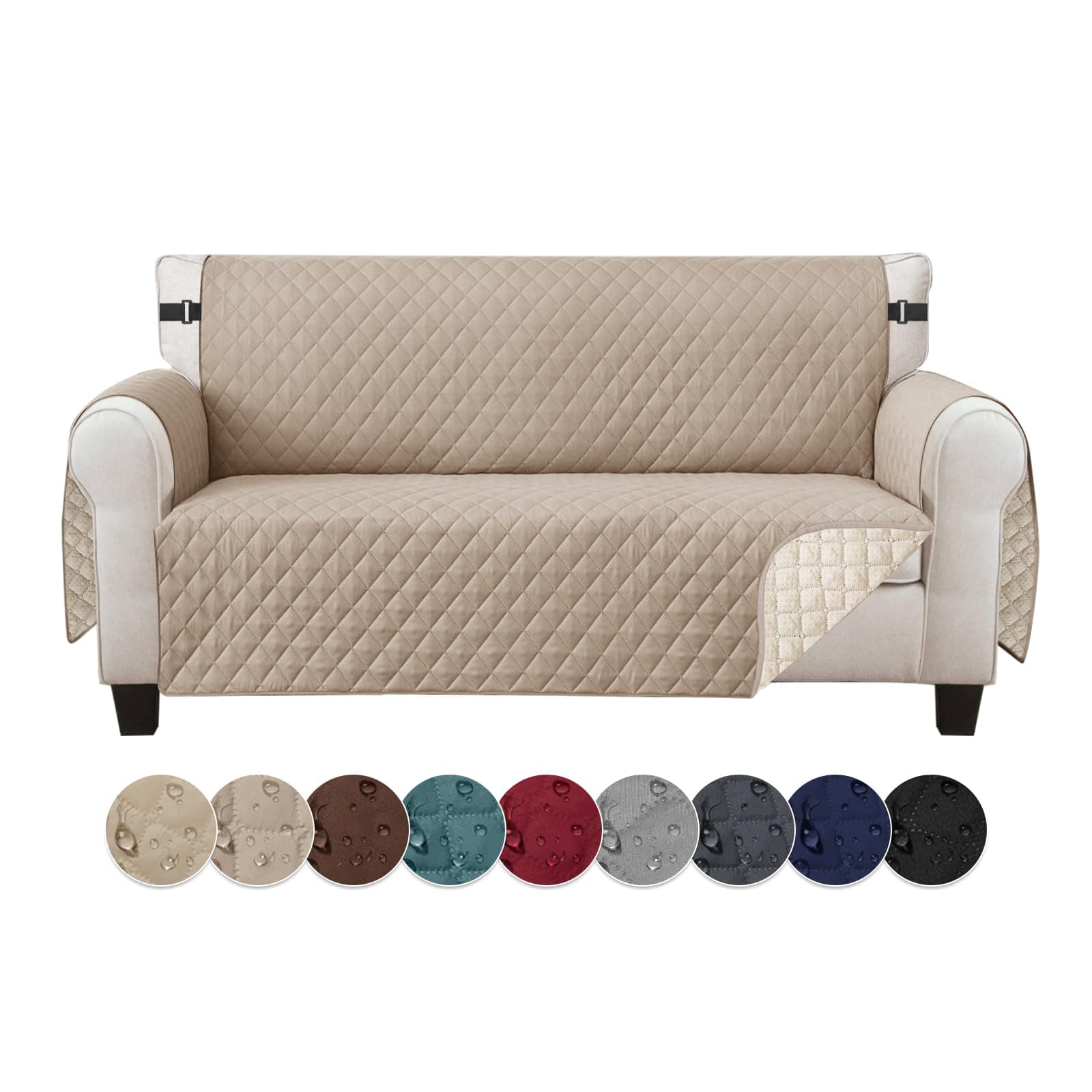 Jaotto Copridivano 3 Posti Impermeabile Copri Divano con Braccioli Fodere Copridivano Trapuntato con Tasche Laterali Copridivano Impermeabile per Animali,Cachi