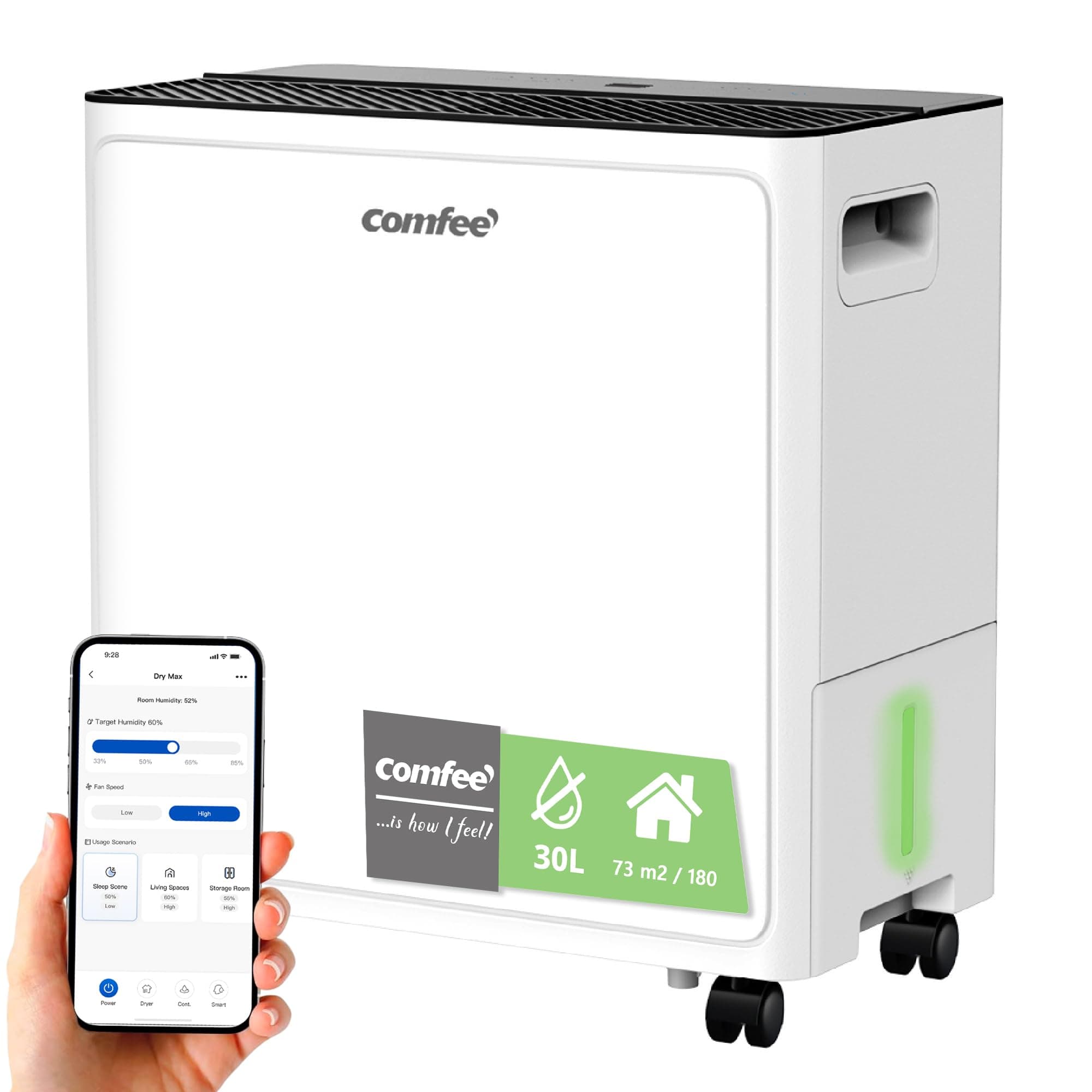 COMFEE’ Deshumidificador Dry Max 30L Grandes Espacios hasta 73 m2 / 180 m3 con App Control - Deshumificador de Humedad Interior Nuevo Modelo - Deshumidificadores Silencioso con Depósito Extraible 3,2L
