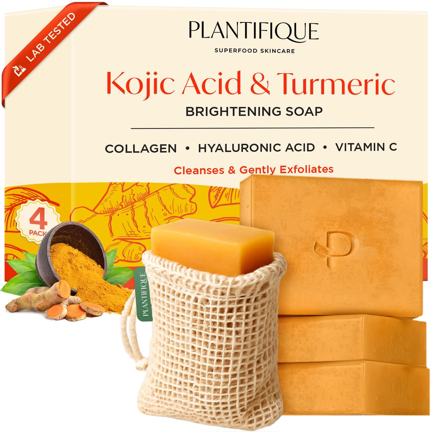 PLANTIFIQUE Kojic Acid Soap - Jabón de Curcuma y Acido Kojico, 4 Barras Jabon Cara para las Manchas, con Vitamina C Ácido Hialurónico y Colágeno - Turmeric Soap 320 g