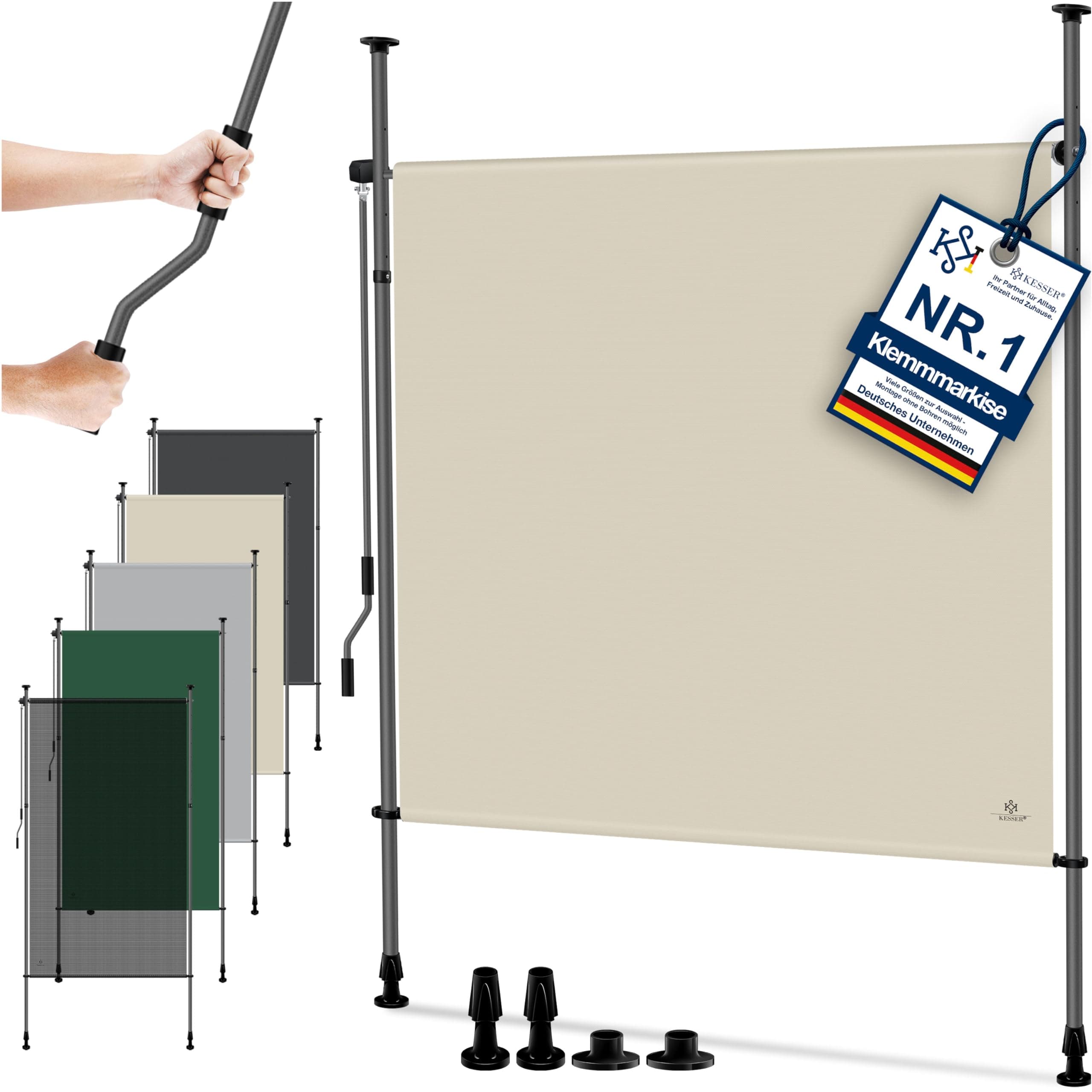 KESSER® Klemmmarkise 120x310 cm, Garten Balkon Sichtschutz wetterfest, Wind- & Sonnenschutz, Senkrechtmarkise mit Handkurbel ohne Bohren, Ausziehbar, wasserdicht & UV-beständig, Beige