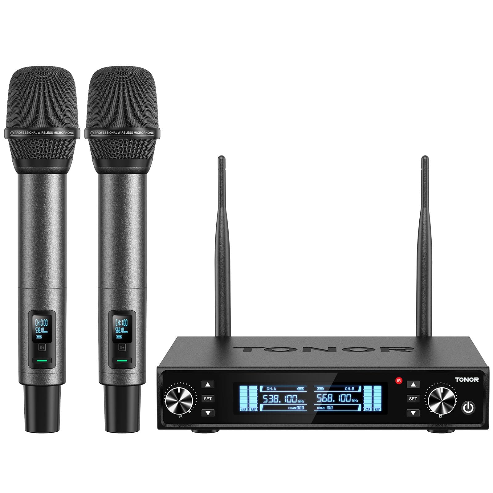 TONOR Sistema de Micrófono Inalámbrico, Micrófono Profesional Recargable, Micrófono Dinámico Inalámbrico de Metal UHF 2x100 para KaraokeIglesia, Canto, Bodas, Reuniones, DJ, Auto Scan, 80m, TW550