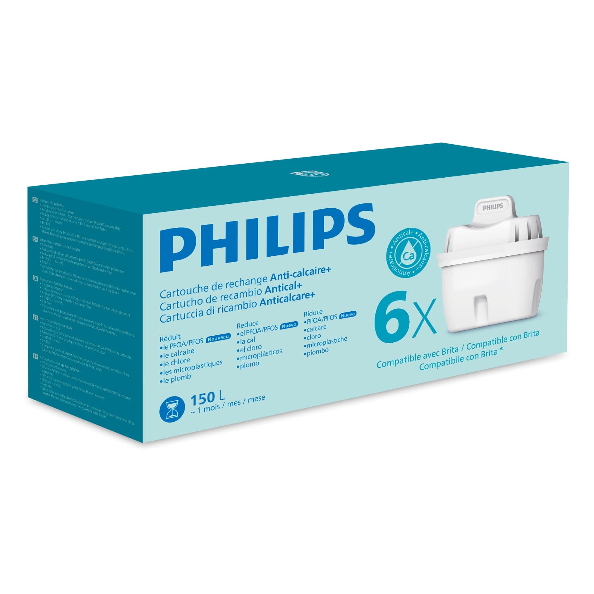 Philips Water Cartucce filtranti sostitutive Anticalcare+, 6 unità, FINO AL 50% IN PIÙ DI RIDUZIONE DELLA DUREZZA, Compatibile con Brita*