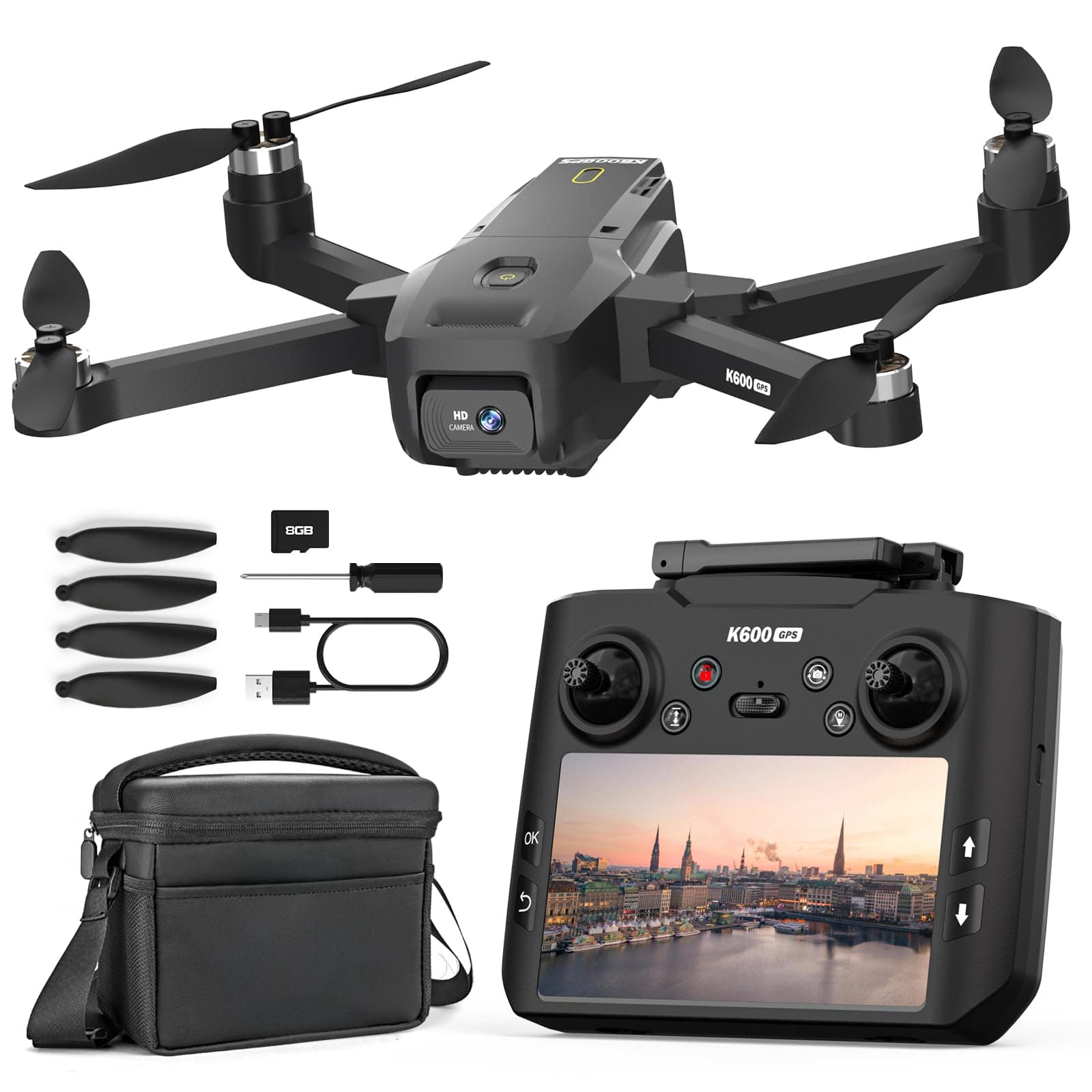 K600GPS Dron con Cámara 1080P, Pantalla FPV de 4.5", Regreso Automático, Sígueme, Motor sin Escobillas, Quadcopter Plegable para Adultos, Niños y Principiantes, Control por Gestos, 22 Min de Vuelo