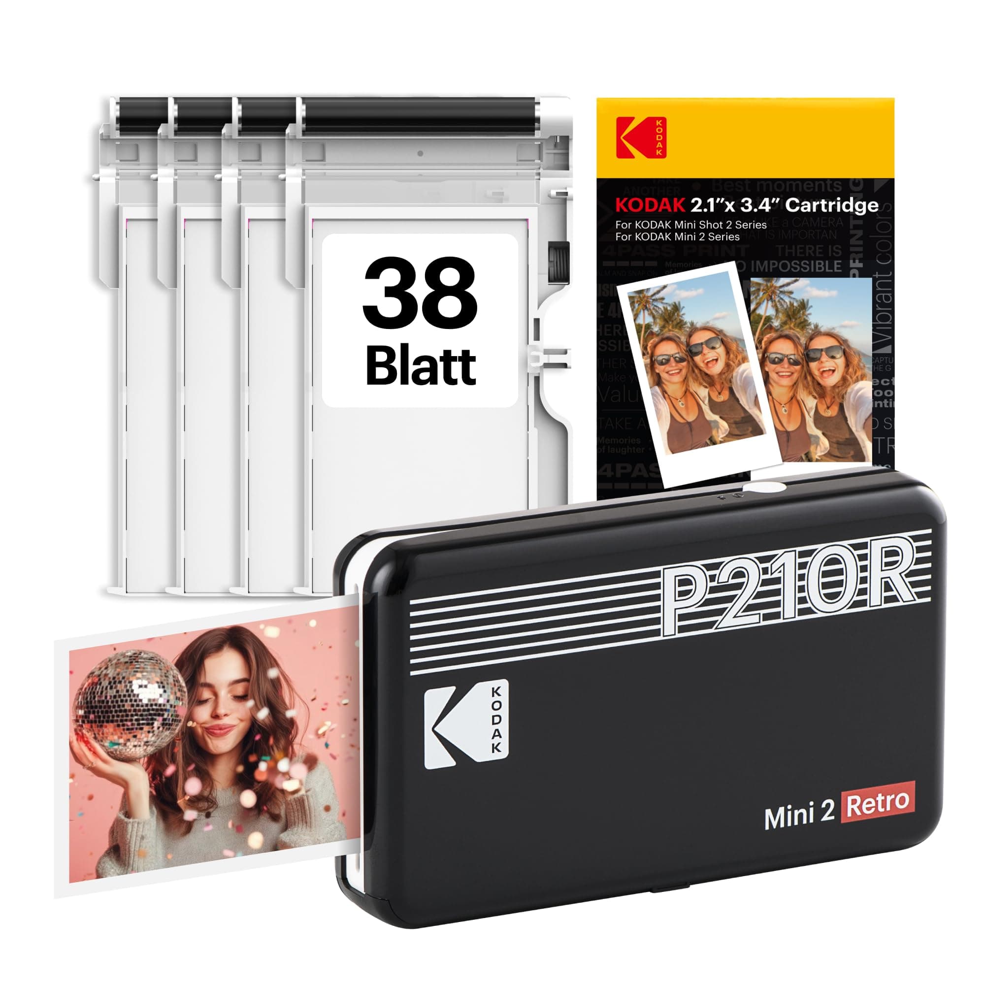 KODAK Mini 2 Retro 5,3 x 8,6 cm tragbarer Fotodrucker, 38 Blatt, Bluetooth-Smartphone-Drucker für iPhone und Android, sofortige Farbdrucke, 4-Pass-Farbsublimation