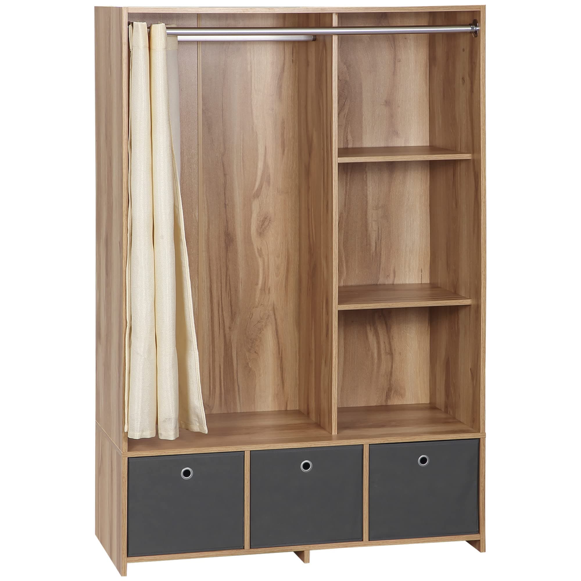 HOMCOM Armoire penderie, Dressing avec Rideau, Armoire Chambre vêtement, Garde-Robe avec Tringle, 3 Compartiments et 3 tiroirs en Tissu Amovibles - 105 x 48 x 160 cm, Bois Naturel