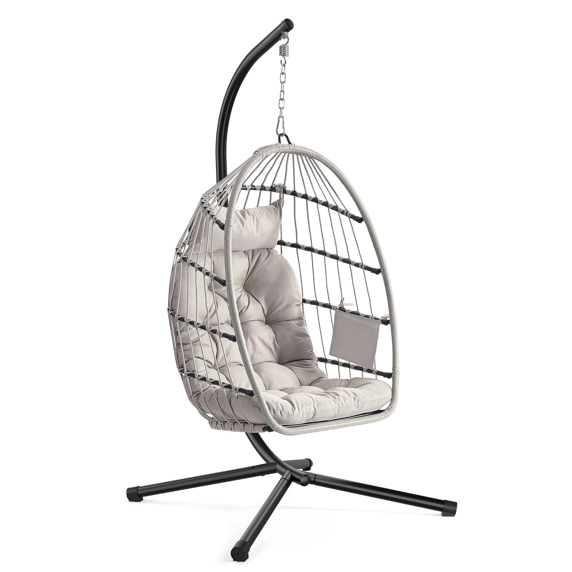 SONGMICS Hängesessel mit Gestell, Hängeschaukel Outdoor, Korbsessel, Korb klappbar und abnehmbar, Hängestuhl höhenverstellbar, Seitentasche, Kissen, Wohnzimmer Garten Balkon, weiß GDC050WZ01