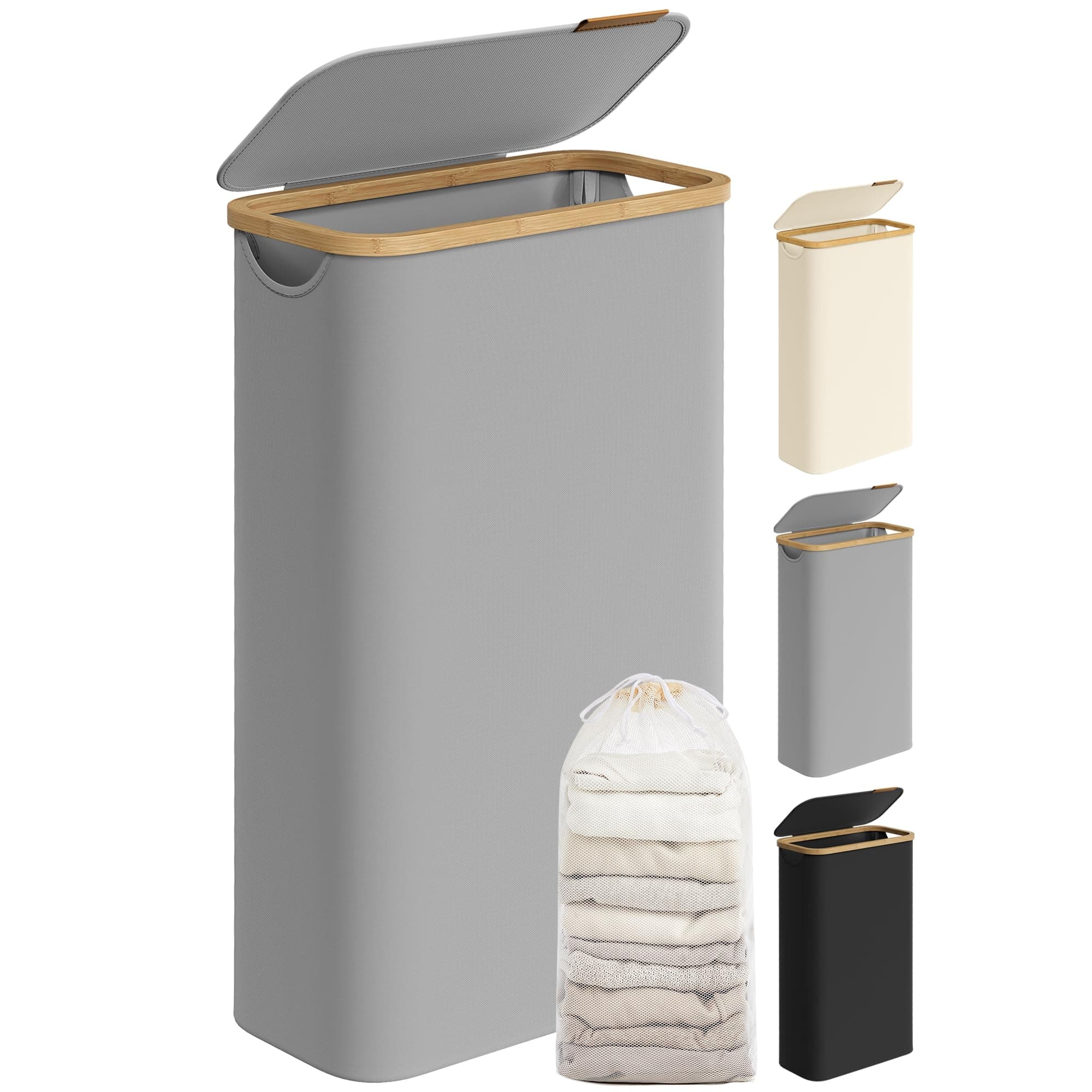 SONGMICS Wäschekorb mit Deckel, Wäschesammler 65 L, platzsparend, herausnehmbarer Wäschesack, Oxford-Gewebe, Griffe aus Bambus, zusammenklappbar, 42 x 22,5 x 70,5 cm, taubengrau LCB506G01