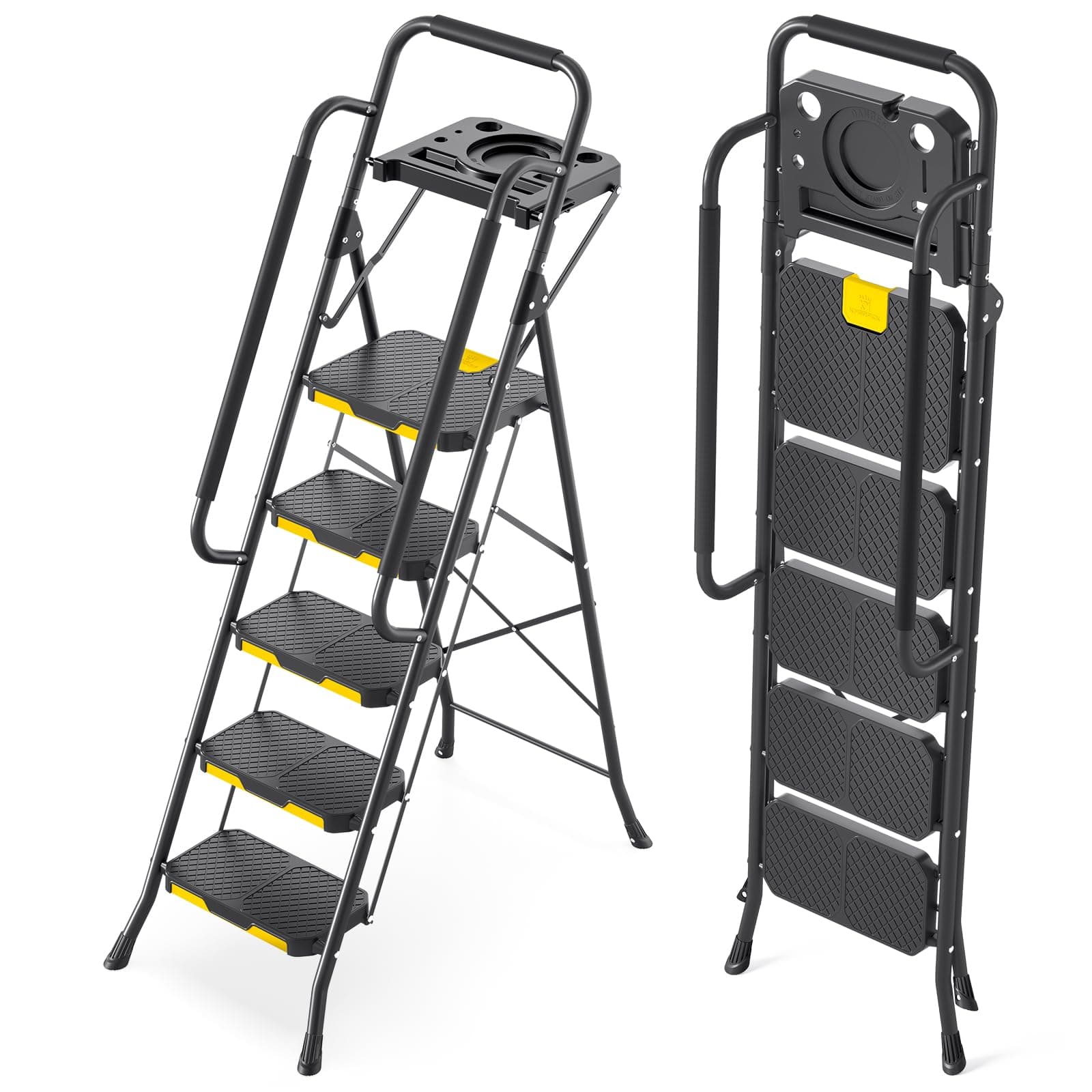 KINGRACK Escalera de Tijera 5 Peldaños Plegable con Pasamanos de Seguridad y Bandeja de Herramientas, Escalera Doméstica con Gran Pedal Antideslizante, Uso Hogar Cocina Despensa Armarios Oficina