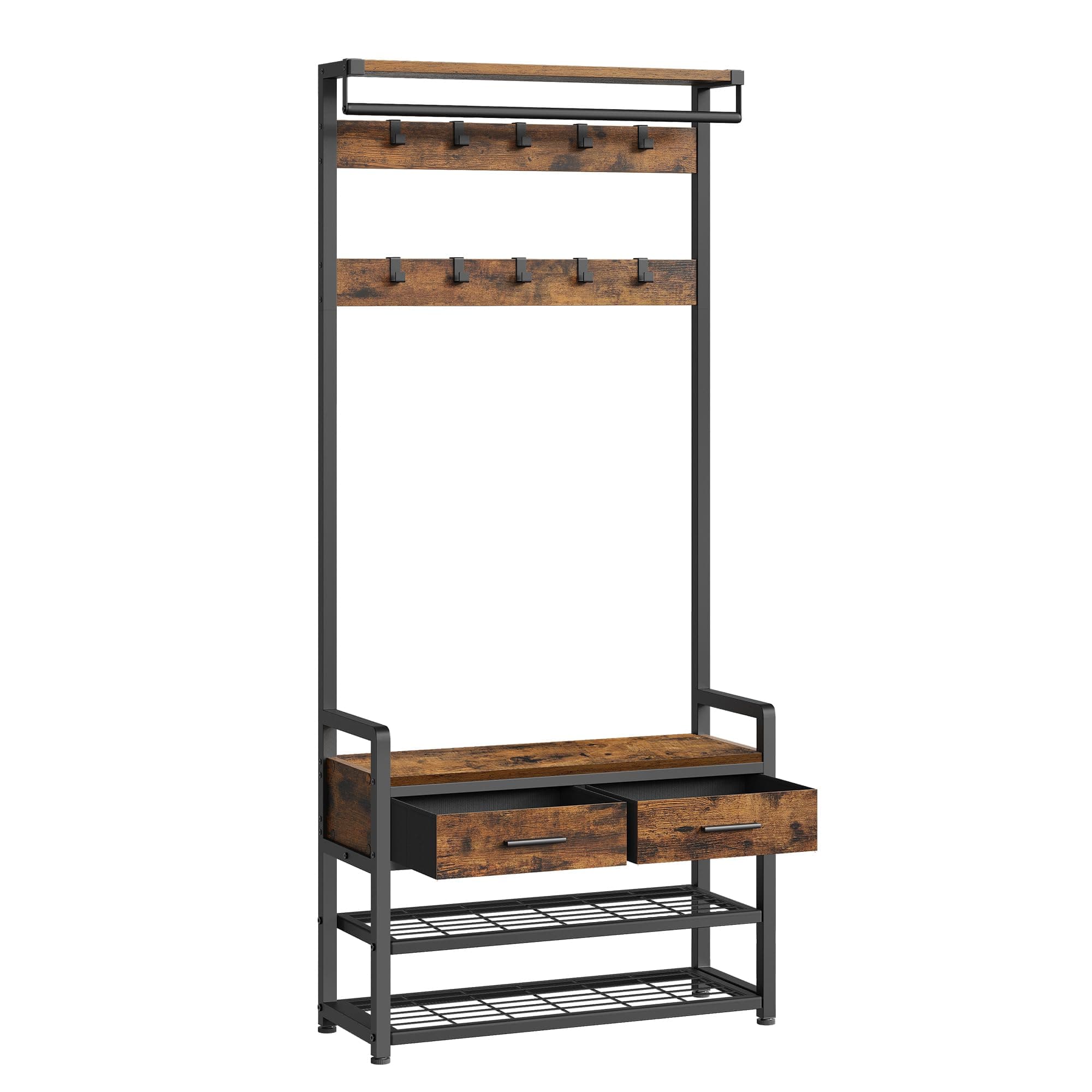 VASAGLE Porte-Manteau d’Entrée, Meuble d’Entrée avec 10 Crochets Amovibles, 2 Tiroirs, Design Séparable, 30 x 80,4 x 181,6 cm, Marron Rustique et Noir d'Encre HSR429B01