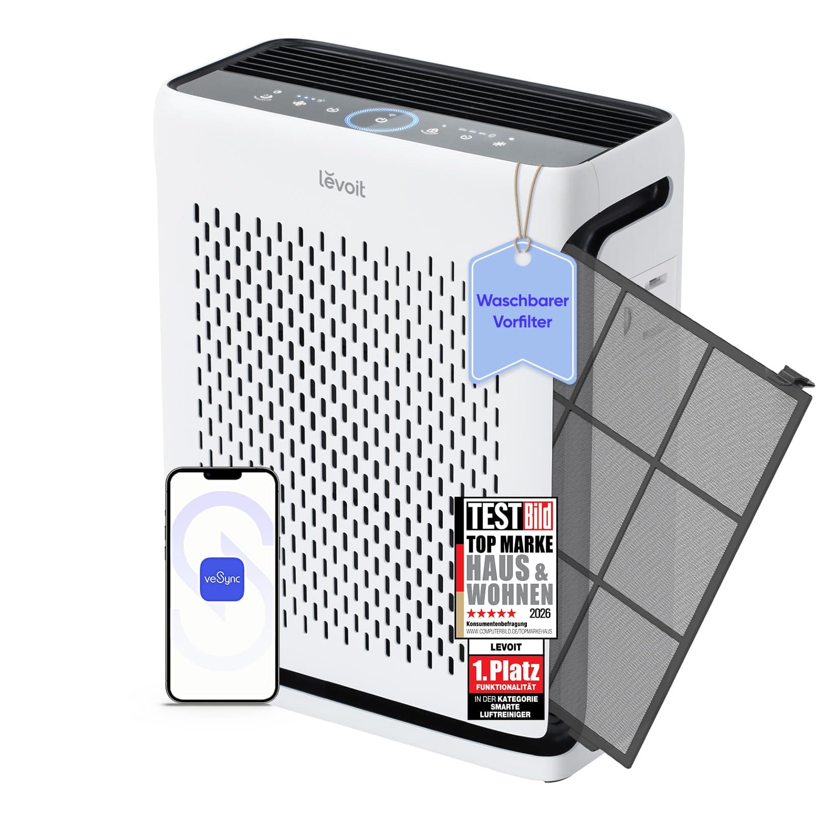 LEVOIT Vital 100S HEPA Luftreiniger für Allergiker, CADR 243 m³/h, bis 52 m², HEPA- & Aktivkohlefilter, leise, PM2.5 Sensor, App & Alexa, gegen Staub, Pollen, Rauch & Gerüche