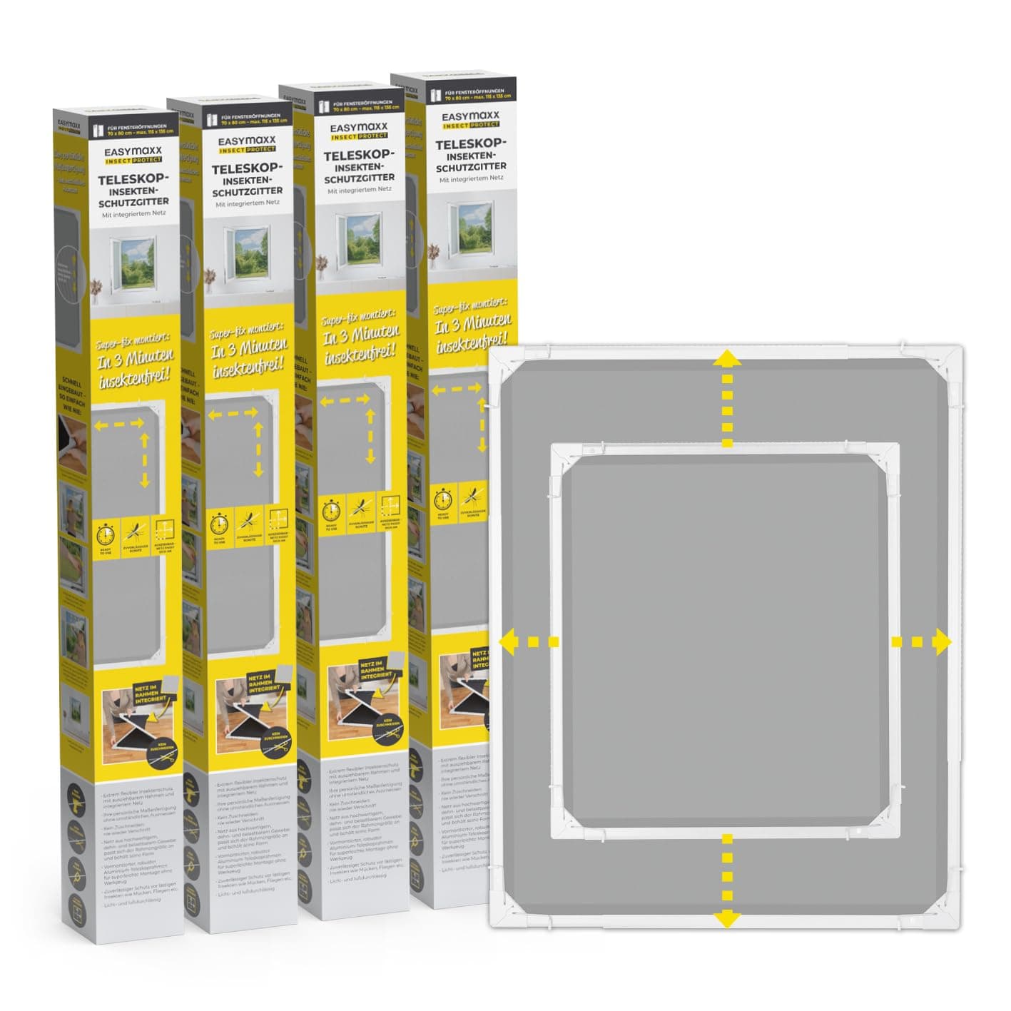 EASYmaxx Insect Protect | Teleskop-Insektenschutzgitter | Fliegengitter Fenster | mit vormontierten Rahmen | ausziehbarer Insektenschutz | integriertes Netz | weiß | 4er-Set