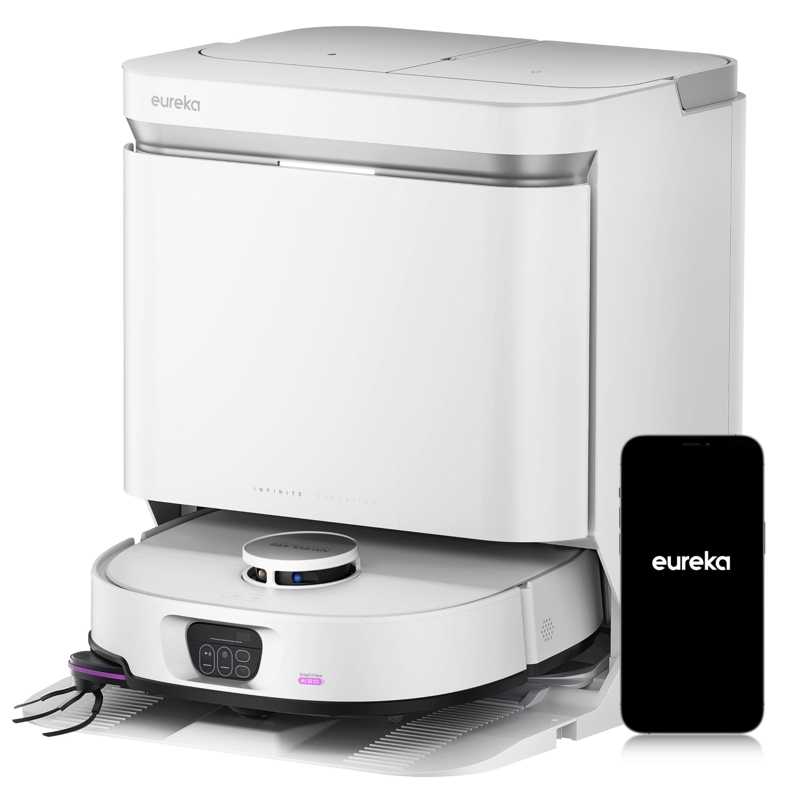 EUREKA J15 Max Ultra Robot Aspirateur Laveur avec Serpillière et Brosse Latérale Extensible, Aspiration 22000Pa, Station Autonettoyante, Lavage de Serpillière Eau 80℃, IntelliView 2,0, Anti-Emmêlement