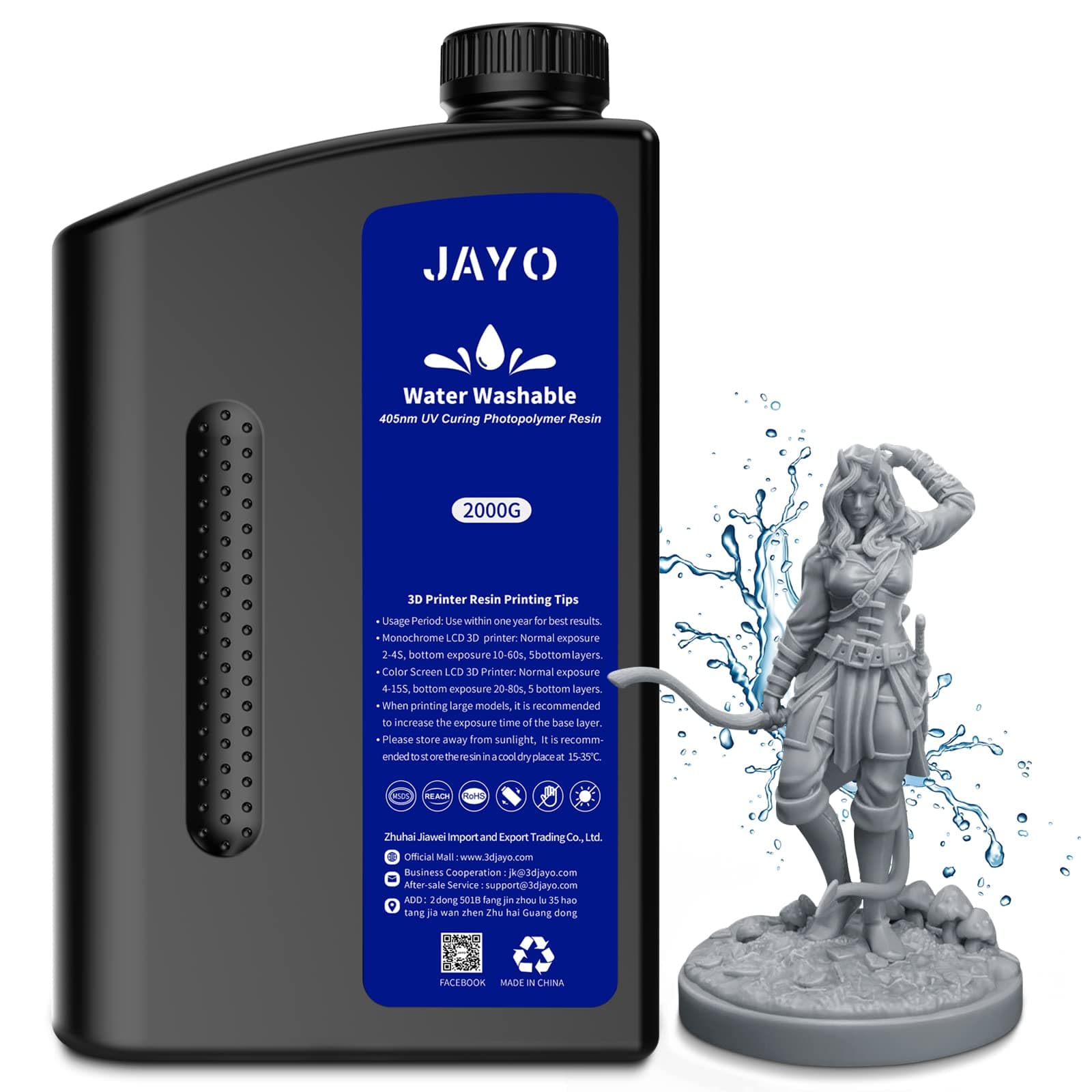 JAYO Resina Lavable en Agua 2KG para Impresora 3D, Fotopolímera Rápida UV 405nm Estándar 4K/6K/8K LCD/DLP/SLA, Alta Precisión, Bajo Olor, Gris 2000g