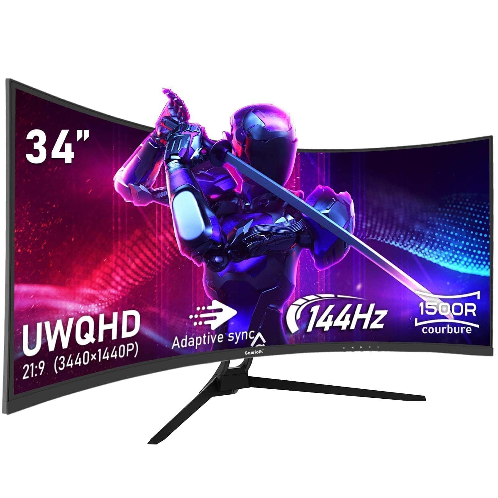 Gawfolk 34 Pouces PC Écran Ultra Large 1500R incurvé 144Hz Gaming Computer Moniteur,21:9 UWQHD(3440x1440),Adaptive Sync,HDR,178 ° Angle Vue,DisplayPort、HDMI,VESA 75 * 75MM -Noir