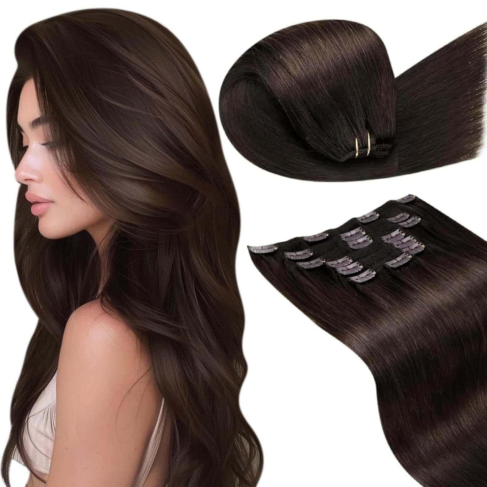LaaVoo Extension Clip Cheveux Naturel – Brun Foncé – 60cm 7pcs 150g – Discret Clip Pratique – 4 couches – Lisse – Longueur Élégante et Style Chic – #2