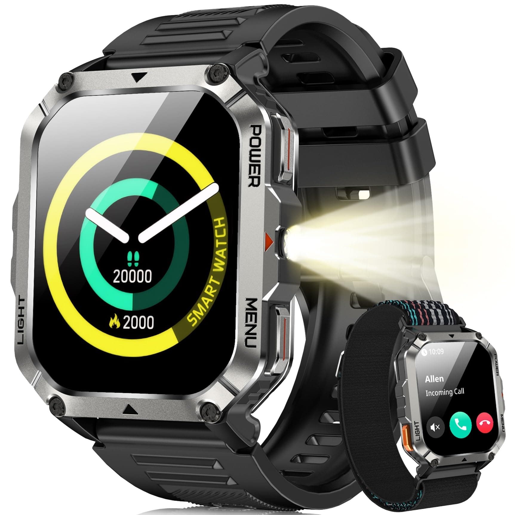 Blackview Reloj Inteligente Hombre Militar - Linterna y Brújula, 2.01"Smartwatch Hombre con 100+ Modos Deportivos, Llamadas Bluetooth/Notificación, Pulsómetro/Oxímetro/Sueño, Pulsera Actividad(Negro)