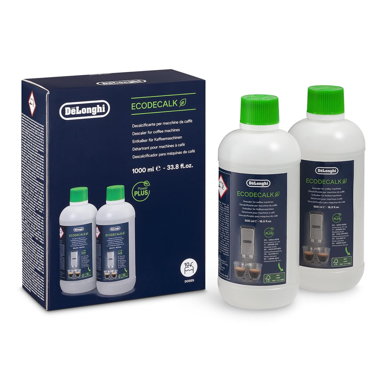 De'Longhi Original EcoDecalk DLSC502-Entkalker für Kaffeemaschinen & Kaffeevollautomaten,EXKLUSIV BEI AMAZON,Universal Kalklöser für 10 Entkalkungsvorgänge,enthält natürliche Rohstoffe,2x500ml,Weiß