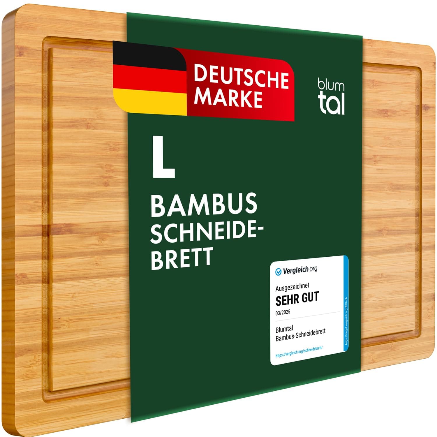 Blumtal Schneidebrett aus 100% Bambus - antiseptisches Holz-Brett mit Saftrille, Holz-Brettchen, 38x25x2cm
