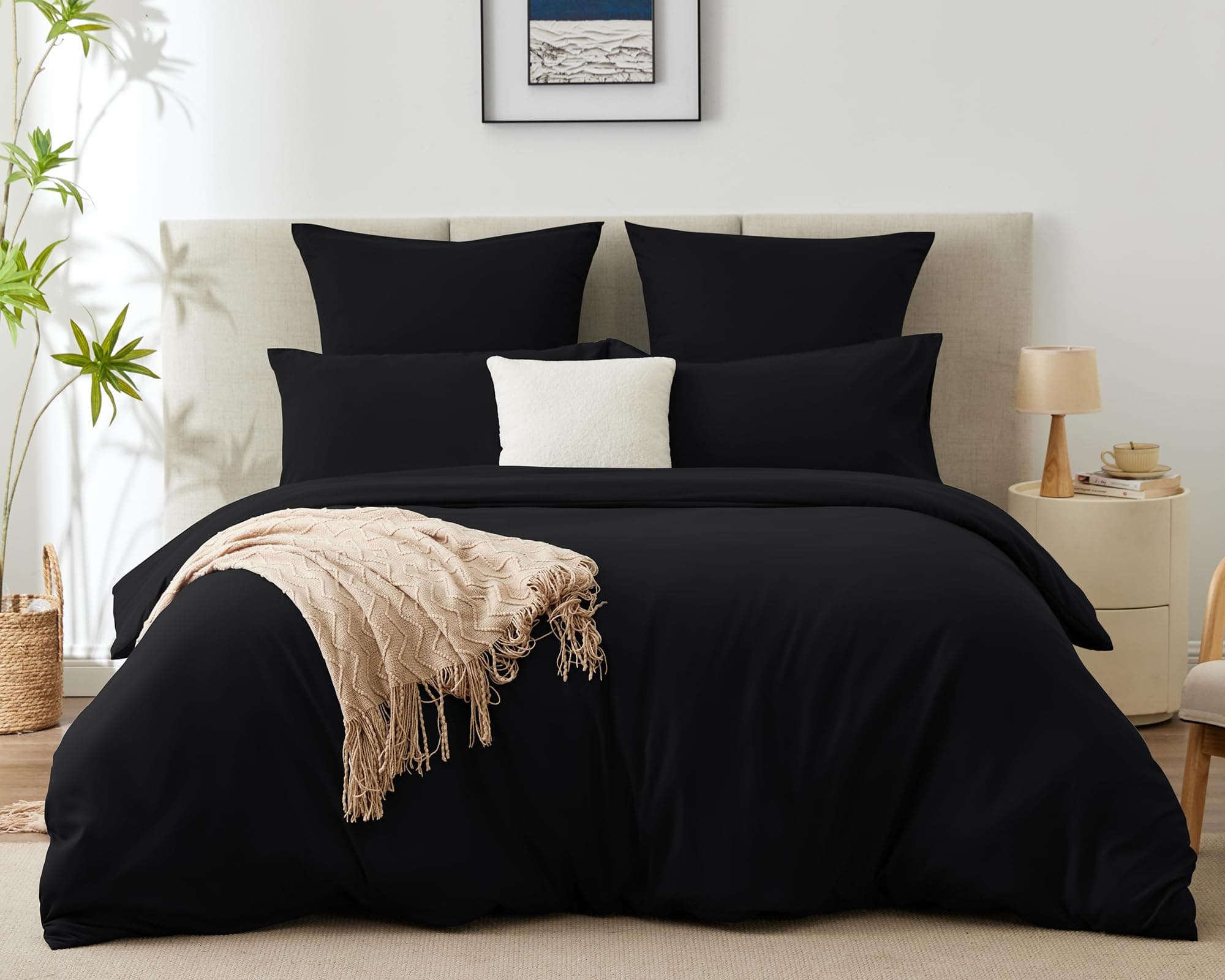 WAVVE Housse Couette 200x200 avec 2 Taies d'oreiller 65x65 cm,Parure de Lit 2 Personnes pour lit 140x190 160x200 avec Fermeture Éclair Sets de Housse Couette en Microfibre, Noir 200 x 200