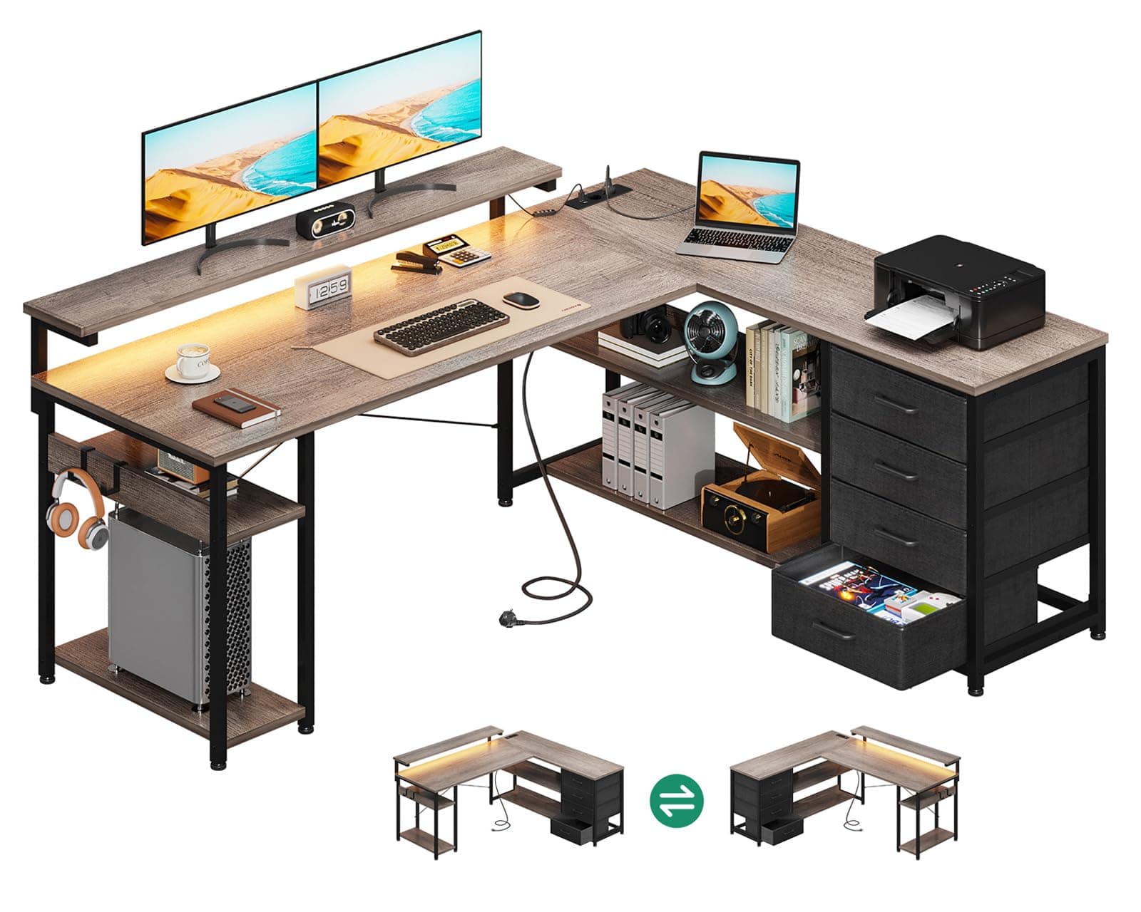 ODK Escritorio con Cajones, 155×110cm Escritorio Esquinero Reversible con 2 Enchufes y 2 Puertos USB, Mesa de Oficina en Forma de L con LED para Oficina en Casa, Roble Gris