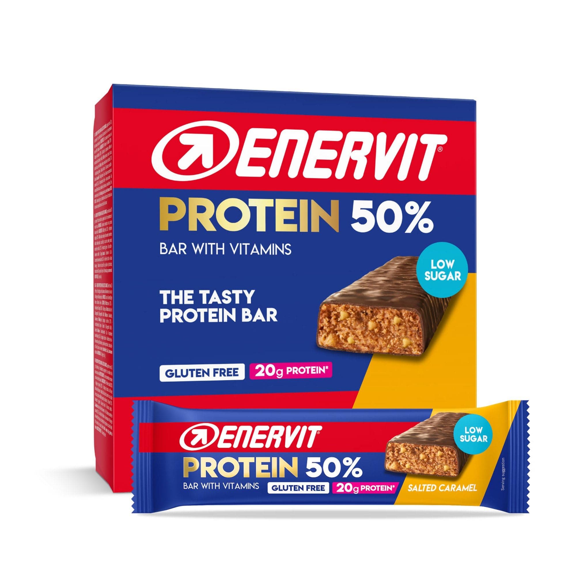 Enervit, Protein Bar 50% Salted Caramel, Barrette Proteiche, 20g di Proteine, Low Sugar, con Vitamina D e B6, Gusto Caramello Salato, Per il Recupero Dopo lo Sport, Senza Glutine, 12 Barrette da 40g