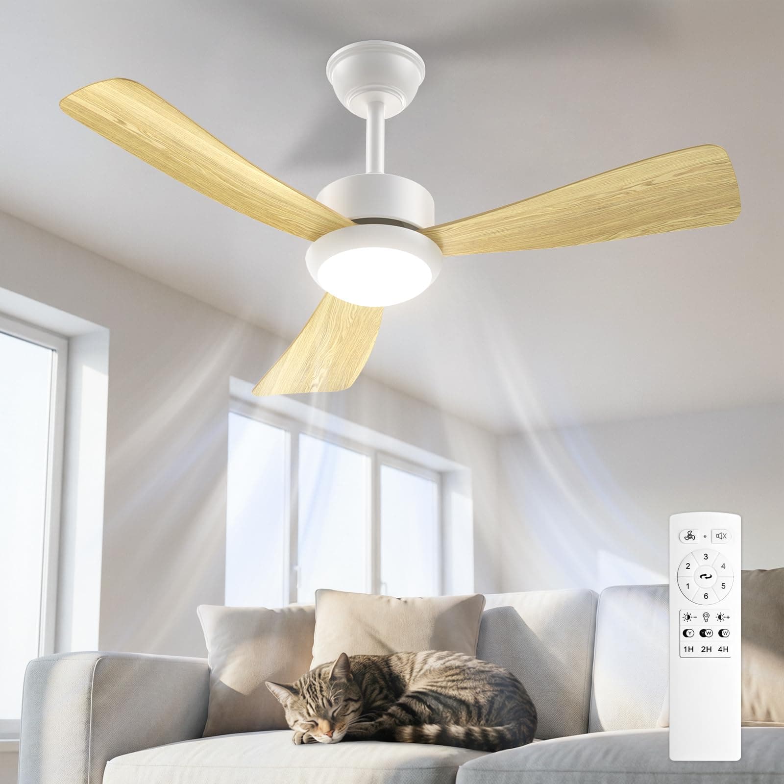 Airwit Ventilatore da Soffitto con Luce 106cm, Pale Effetto Legno, Ventilatore da Soffitto Silenzioso con Telecomando, LED Dimmerabile, Motore DC Reversibile, 6 Velocità per Camera Soggiorno