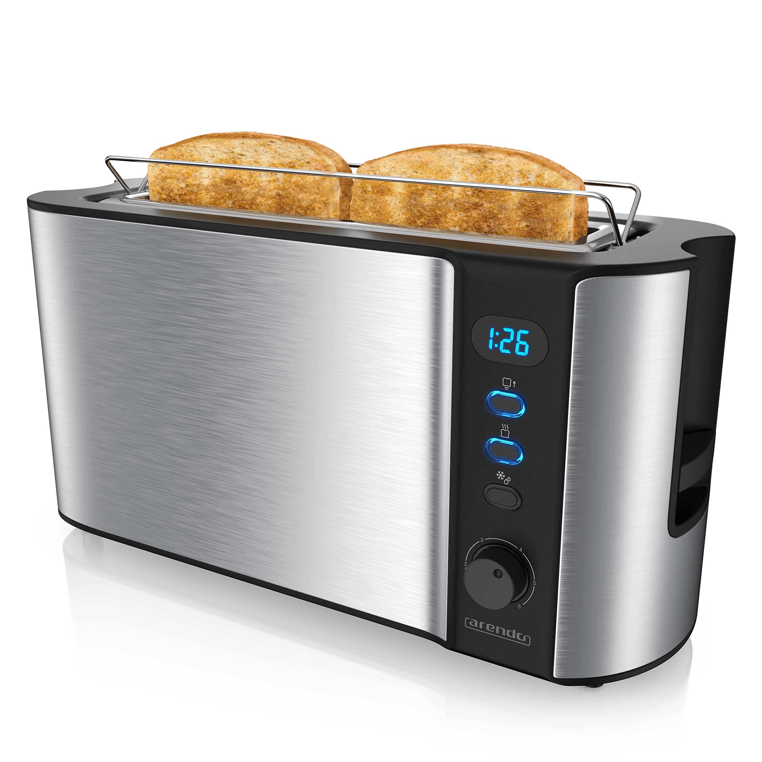 Arendo - Toaster Langschlitz Edelstahl - 2 Scheiben - Defrost Funktion - Wärmeisolierendes Doppelwandgehäuse - mit Brötchenaufsatz - herausziehbare Krümelschublade - Silber Edelstahl