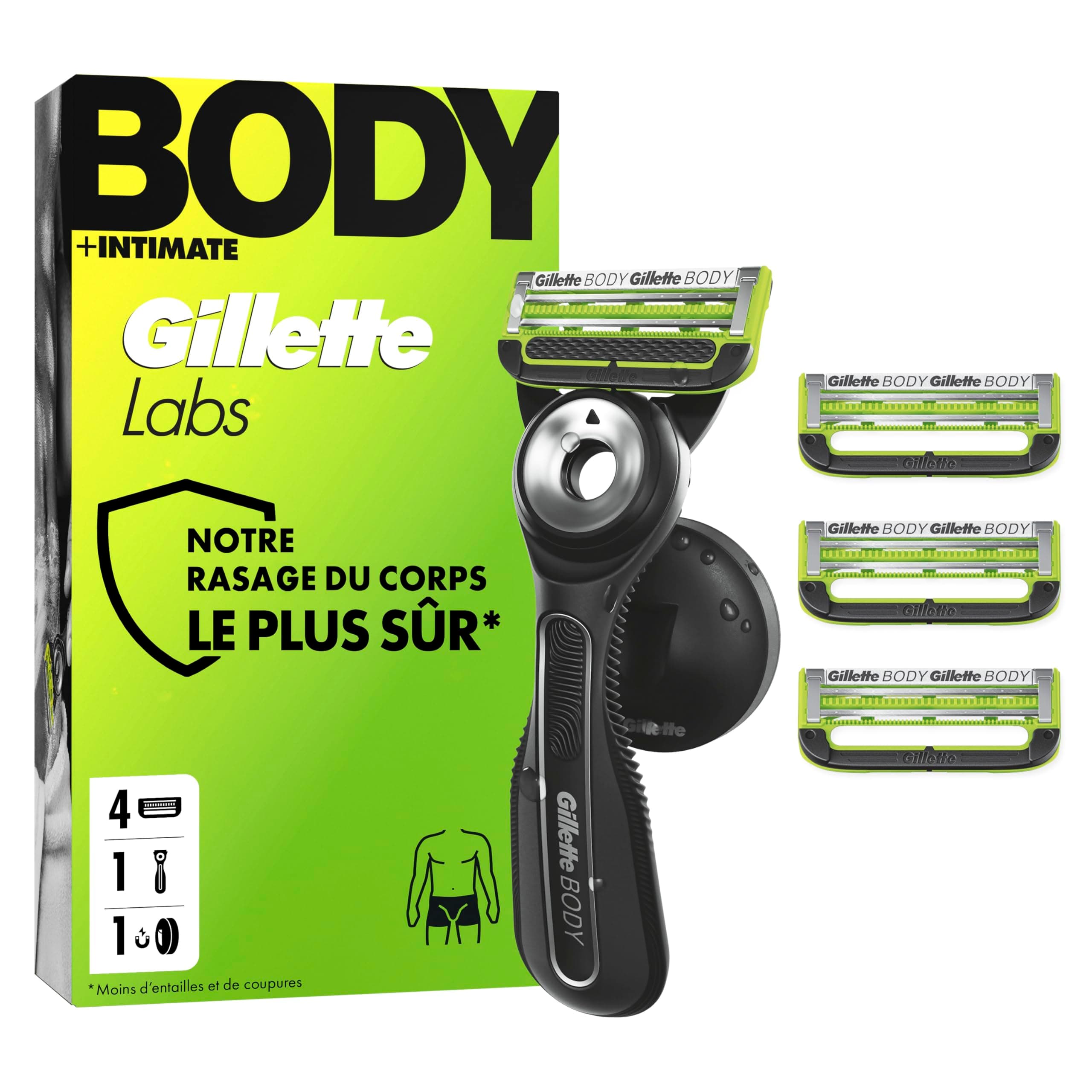Gillette Labs Body + Intimate Rasoir Intime Homme Pour Le Rasage Du Corps Et Du Pubis, Cartouche De Lames Avec Une Barre Anti-Poils Incarnés Et Anti-Irritation, Manche Facile A Gripper, 4 Recharges