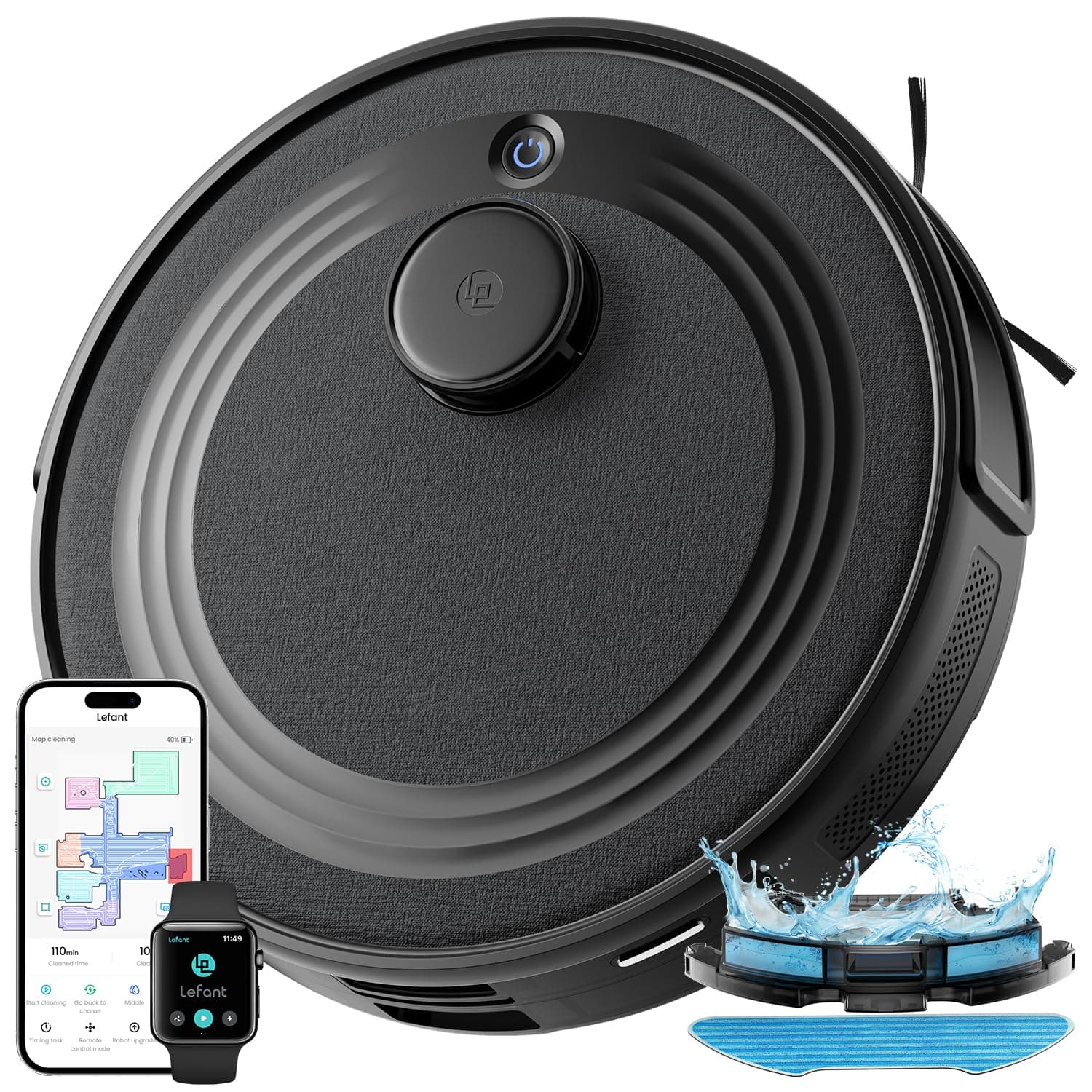 Lefant M2 Robot Aspirapolvere Lavapavimenti con Mappatura Laser dToF 2 in 1, 6000Pa, Navigazione Intelligente PSD Anti-Ostacoli, 160 Min,Controllo APP/Alexa, Ideale per Peli Animali,Nero
