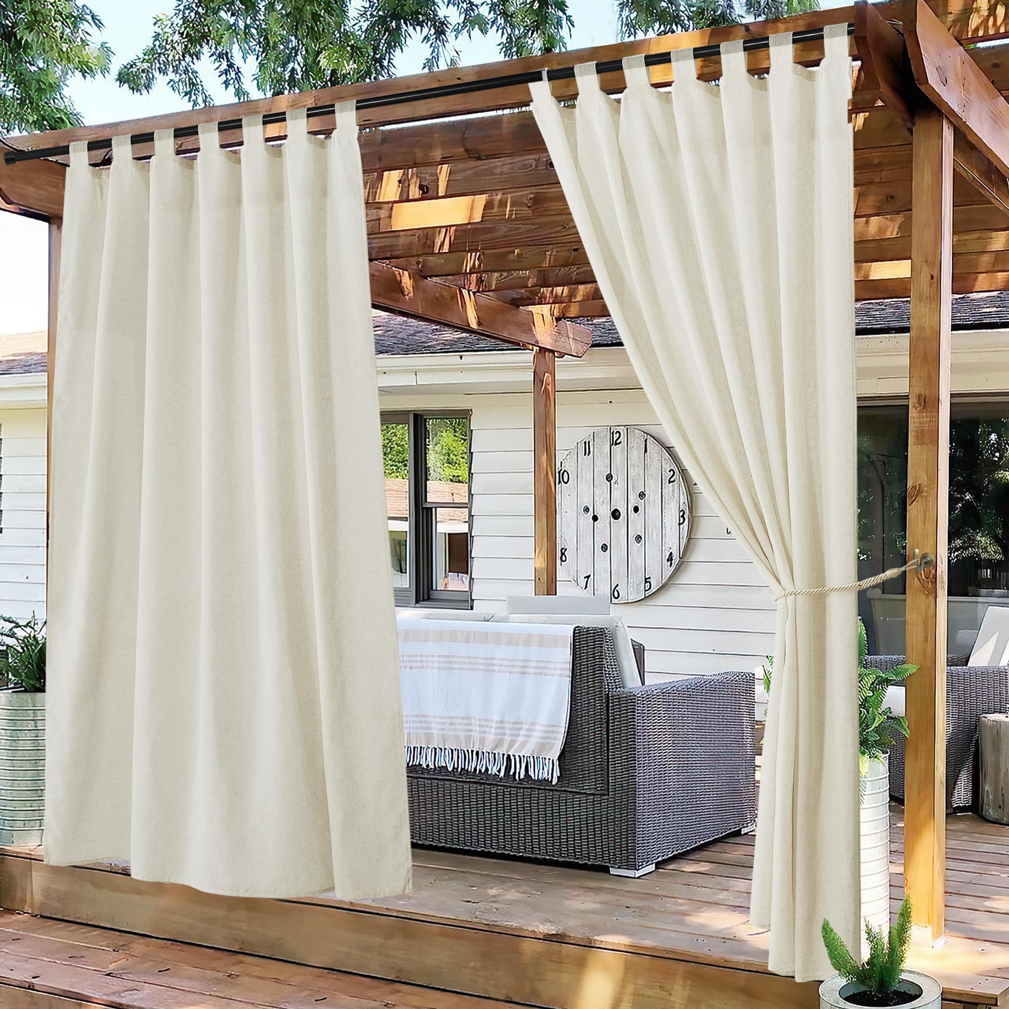 PONY DANCE Outdoor Vorhang Wasserdicht Outdoor Gardinen Leinen Halbtransparent 2er Set H 274 x B 140 cm Beige, Pavillon Vorhänge mit Klett-Schlaufen Boho Outdoorvorhänge für Terrasse