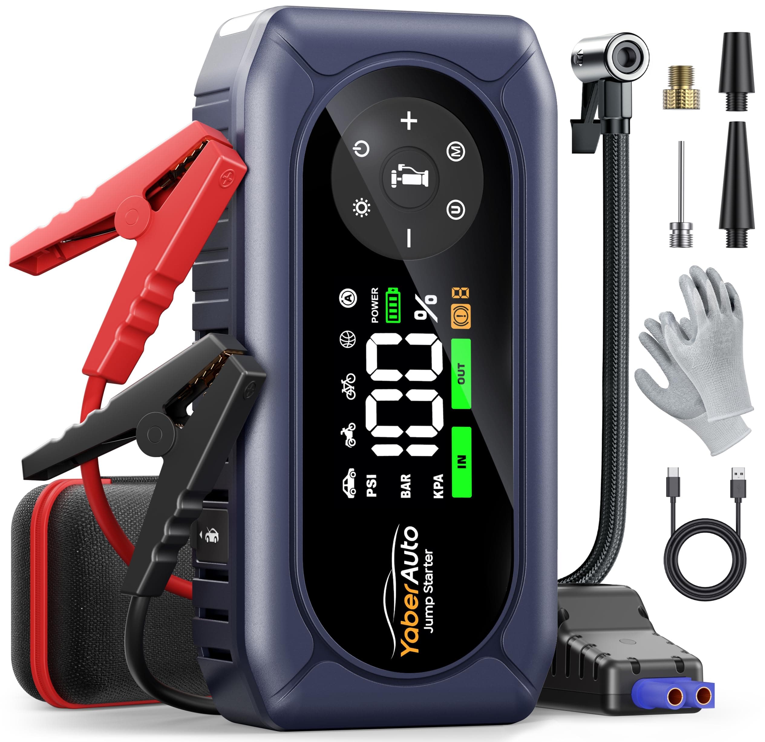 Booster Avviamento Auto 6500A con Compressore 150PSI, YaberAuto Avviatore Batteria Auto per 9.0L Gas/8.0L Diesel, 12V Starter Batteria, Guanti isolanti, 500 lumen Torcia