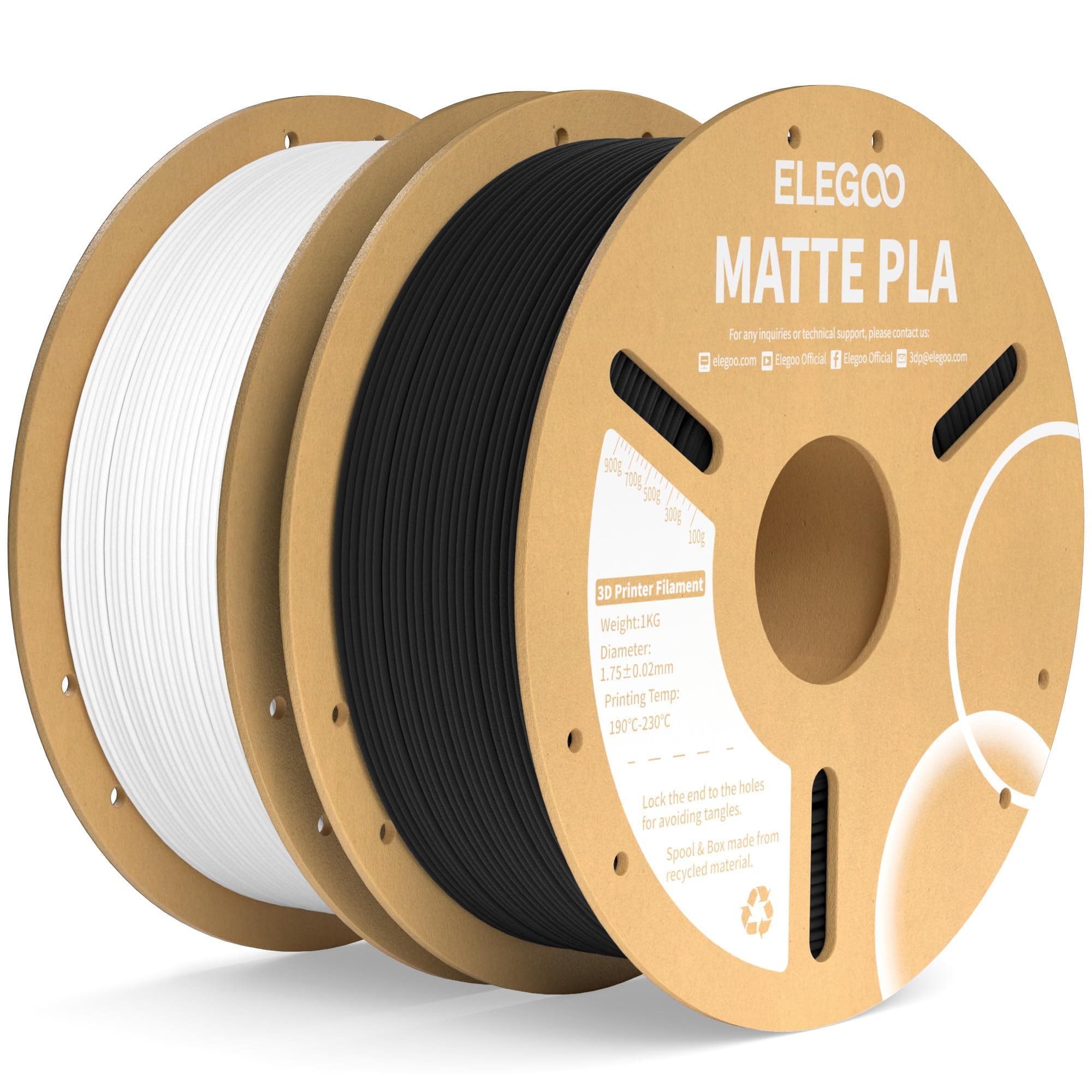 ELEGOO Filamento PLA Matte Nero & Bianco 2 kg, 1,75 mm, Opaco PLA Filamento per Stampante 3D, precisione di misurazione +/- 0,02 mm, adatto per maggior parte delle stampanti 3D FDM