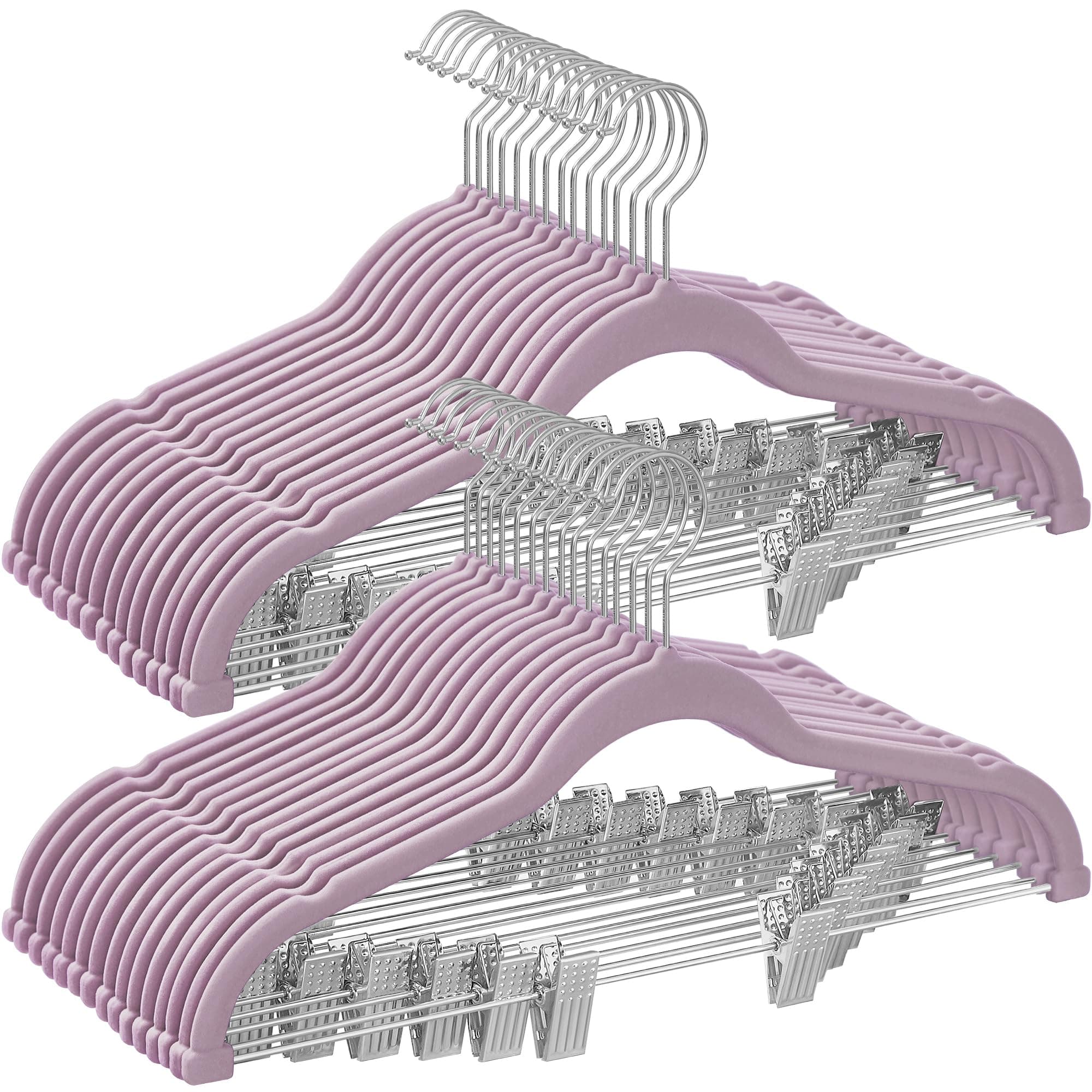 SONGMICS Kleiderbügel Samt, 30er Set, Rockbügel, 42,5 cm breit, mit verstellbaren Clips, rutschfest, platzsparend, für Hosen, Mäntel, Kleider, lavendellila CRF012GP30