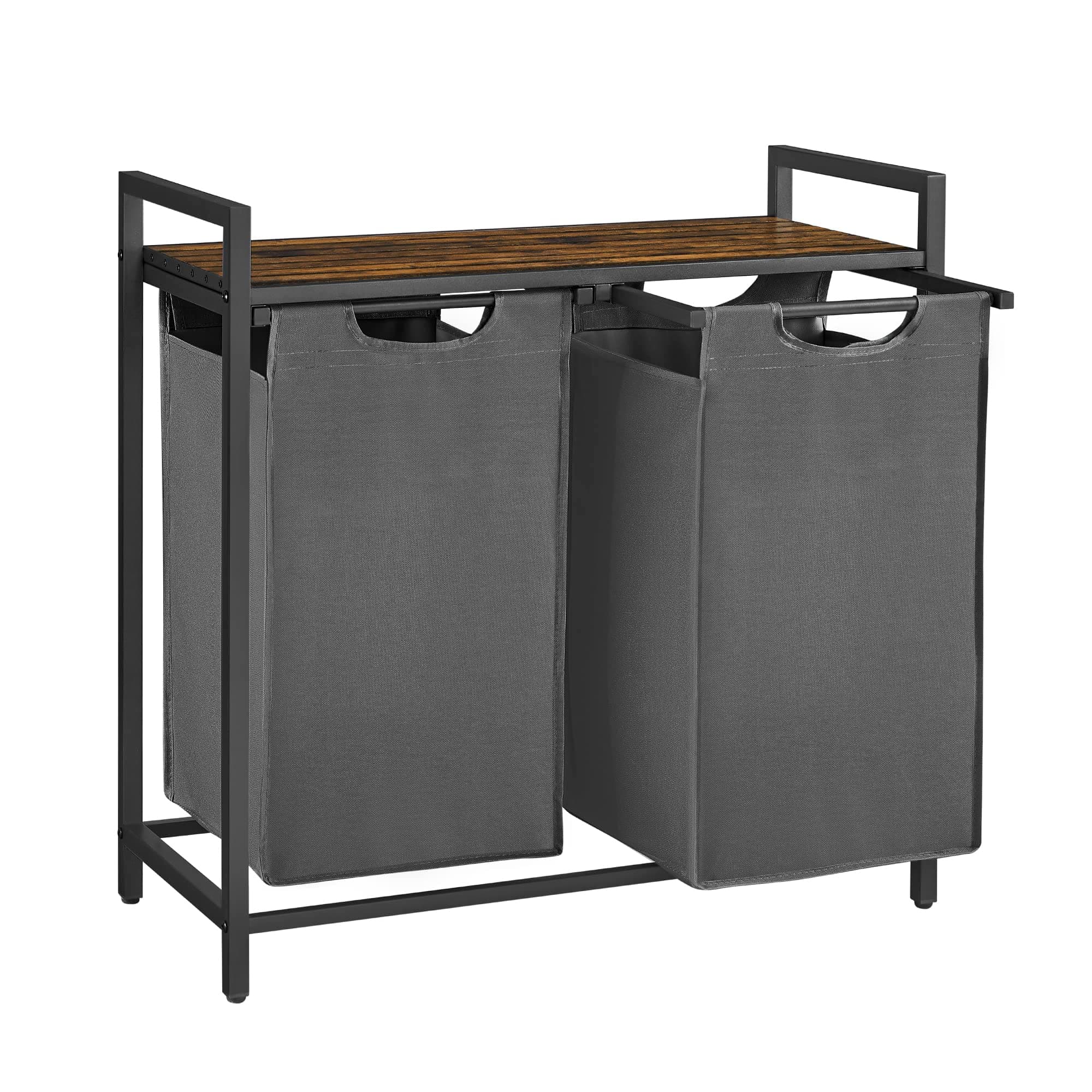 VASAGLE Panier à Linge 2 Compartiments, Corbeille à Linge Sale, 2 Sacs Amovibles en Tissu Oxford, Étagère, Cadre en Métal, 2 x 46 L, 73 x 33 x 72 cm, Gris Ardoise et Marron Rustique BLH201G01