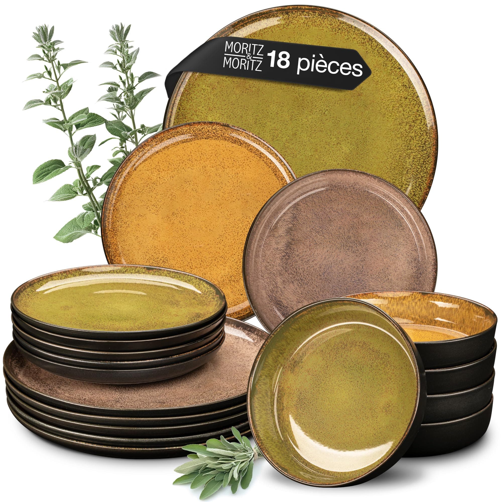 Moritz & Moritz VIDA service de table 6 personnes - 18 Pièces - services de vaisselle couleurs vintage jaune, vert et rouge 6x assiettes plates, 6x assiettes creuses, 6x assiettes à petit-déjeuner